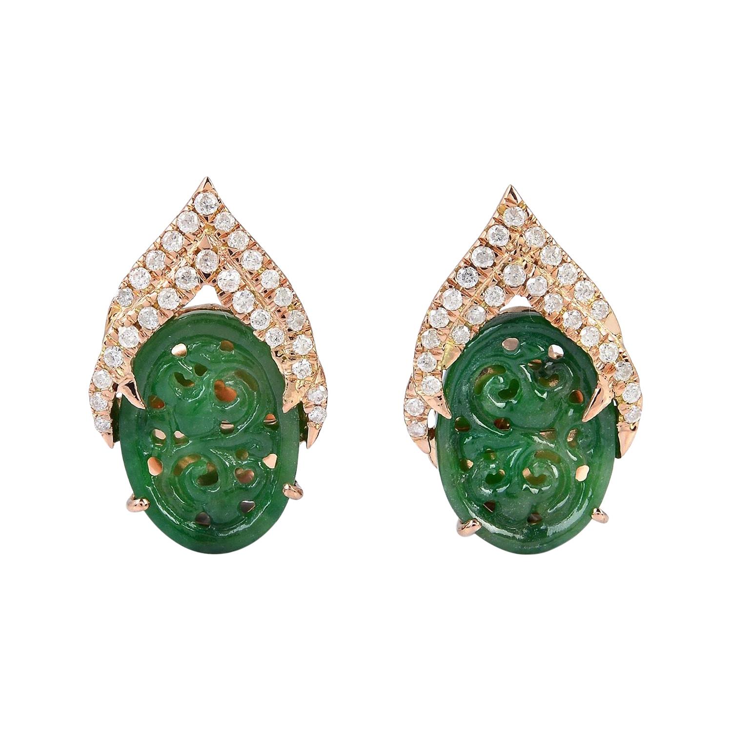 Hand Carved Jade Diamond Stud 18 Karat Gold Earrings For Sale