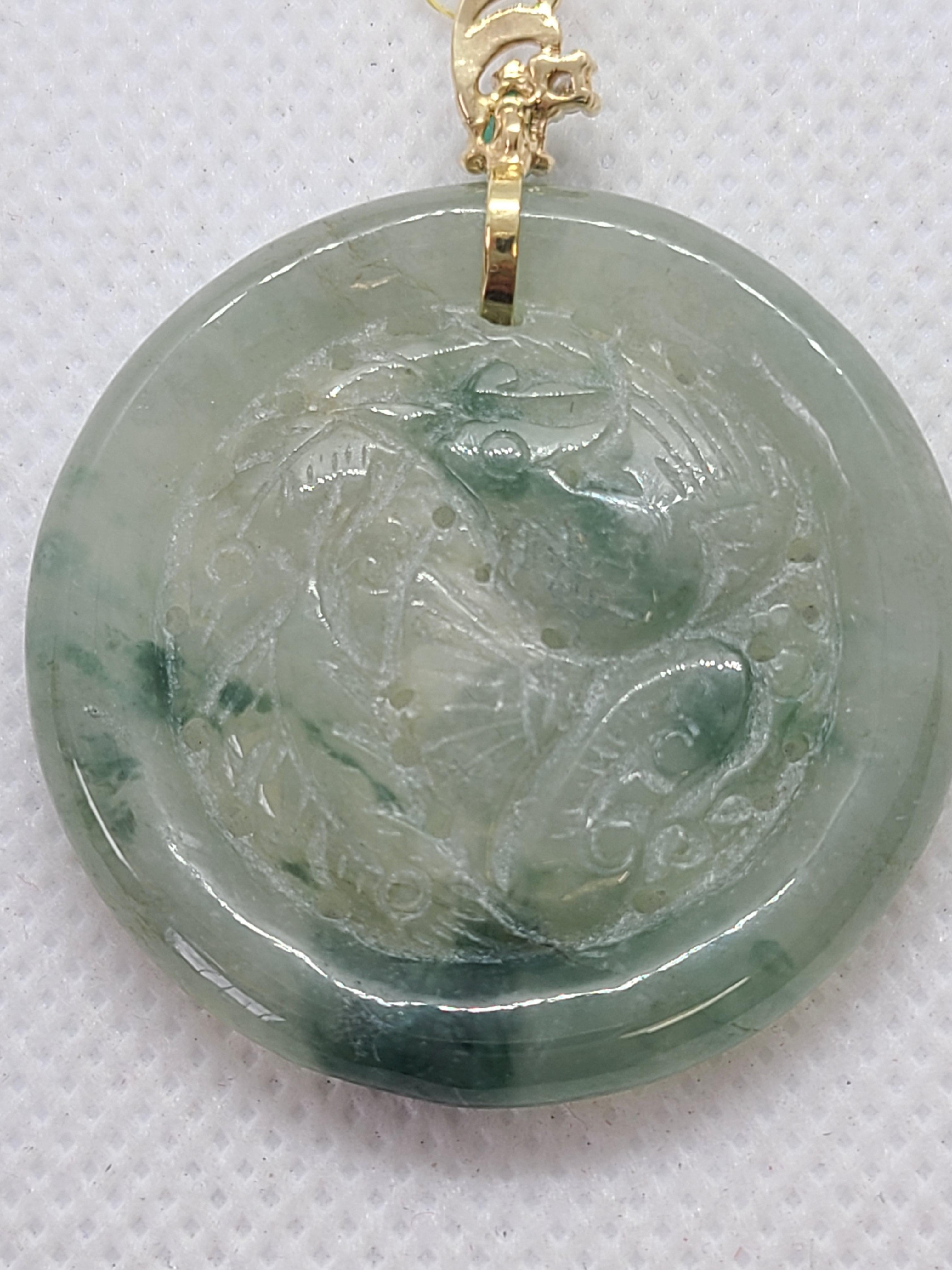 Artisan Hand Carved Jade Dragon Pendant with Emerald & Diamond in 14K Yellow Gold For Sale
