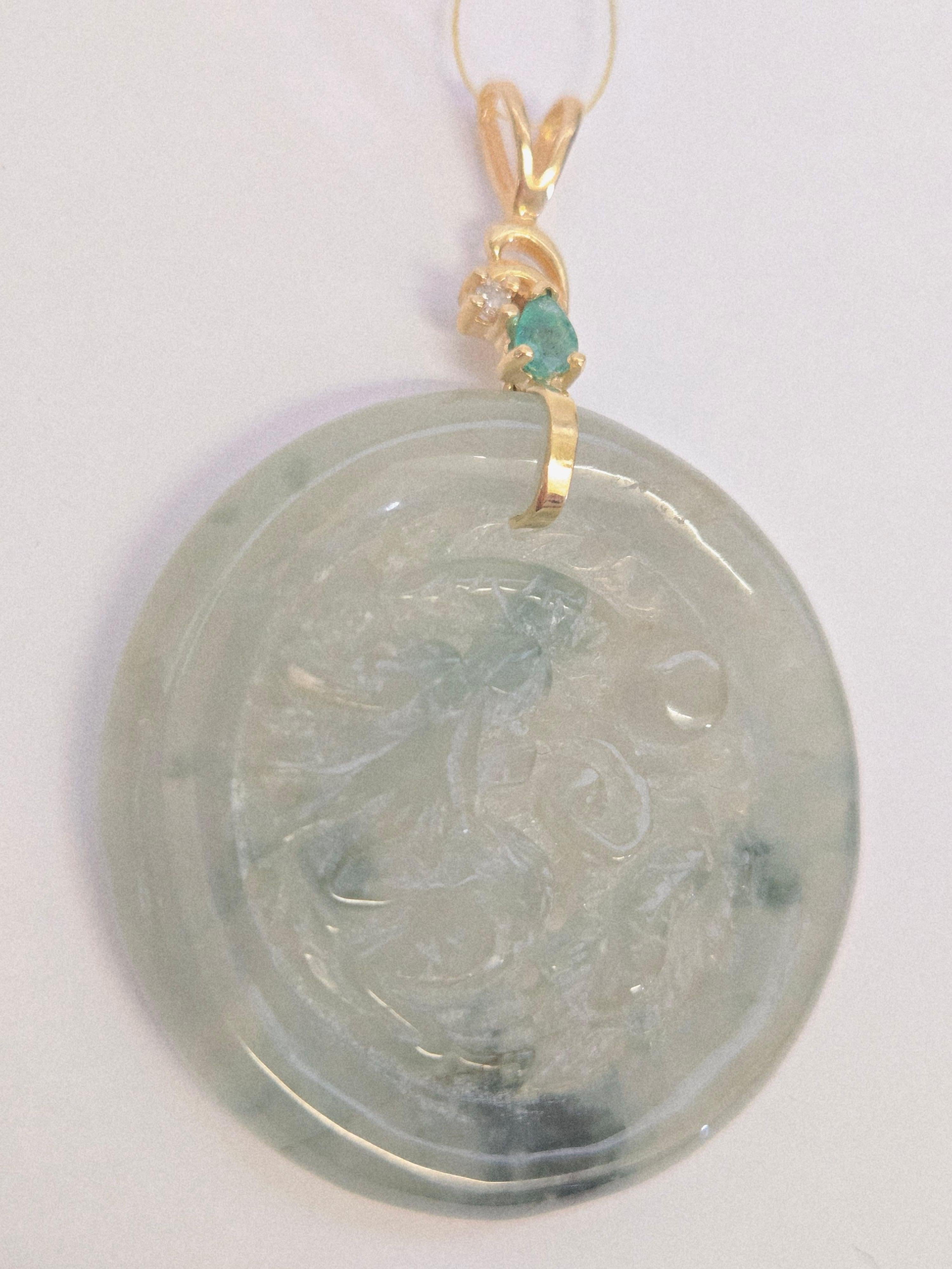 Hand Carved Jade Dragon Pendant with Emerald & Diamond in 14K Yellow Gold In Good Condition For Sale In Pasadena, CA