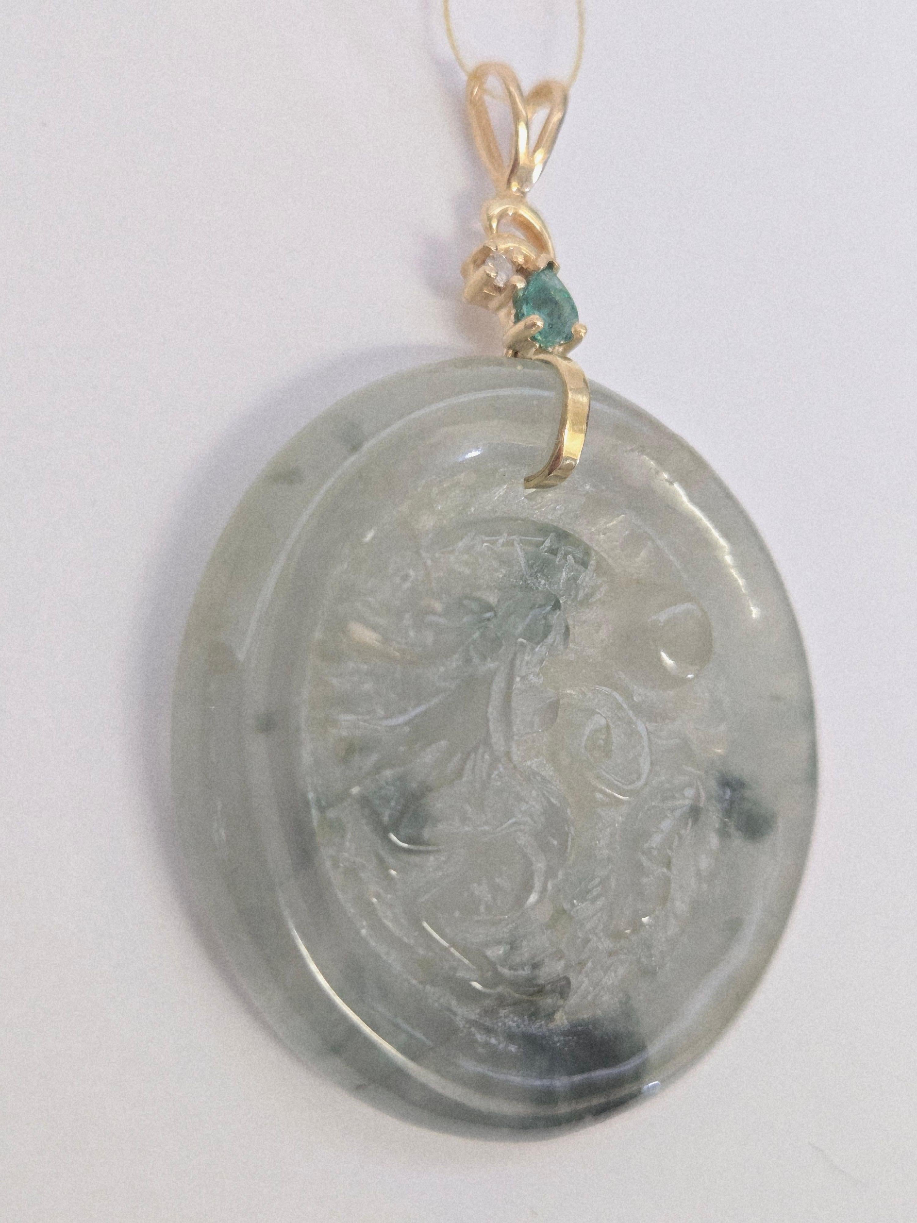 Women's or Men's Hand Carved Jade Dragon Pendant with Emerald & Diamond in 14K Yellow Gold For Sale