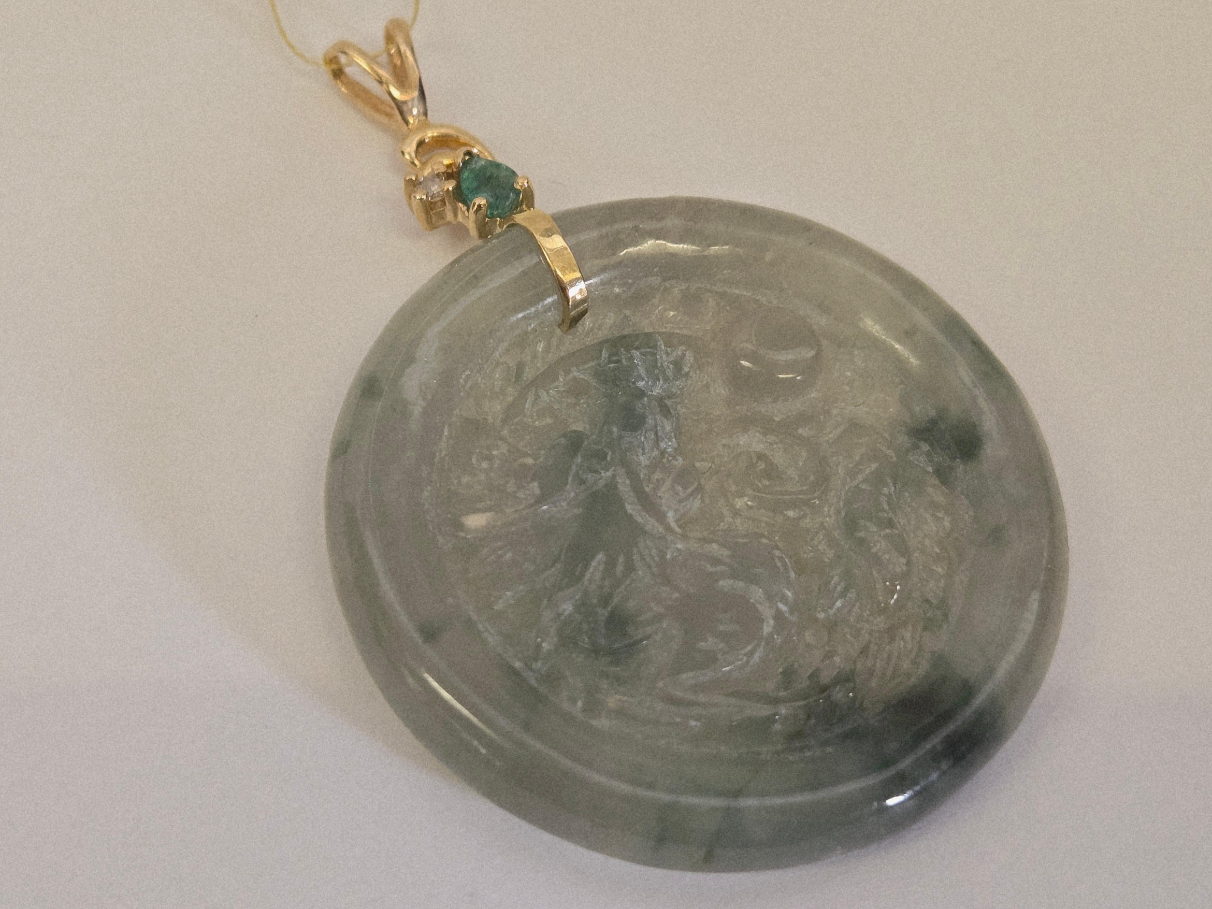 Hand Carved Jade Dragon Pendant with Emerald & Diamond in 14K Yellow Gold For Sale 1