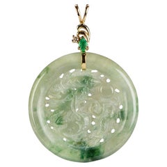 Hand Carved Jade Dragon Pendant with Emerald & Diamond in 14K Yellow Gold
