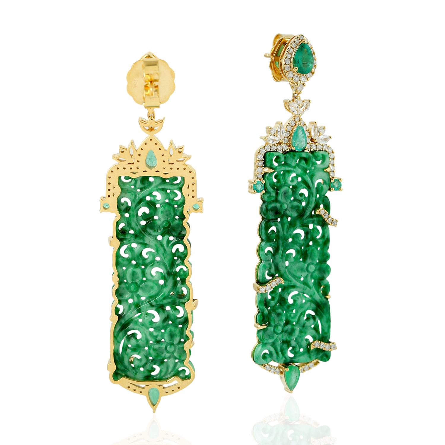 Artisan Hand Carved Jade Emerald 18 Karat Gold Diamond Earrings For Sale
