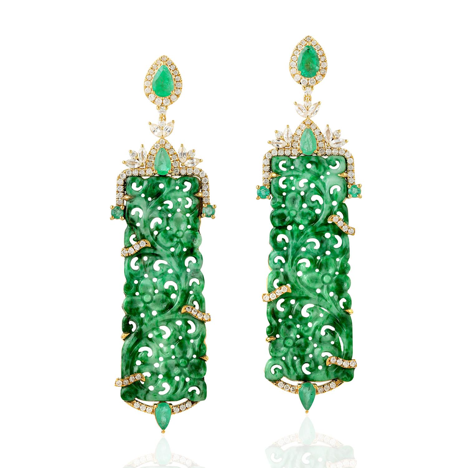 Baguette Cut Hand Carved Jade Emerald 18 Karat Gold Diamond Earrings For Sale