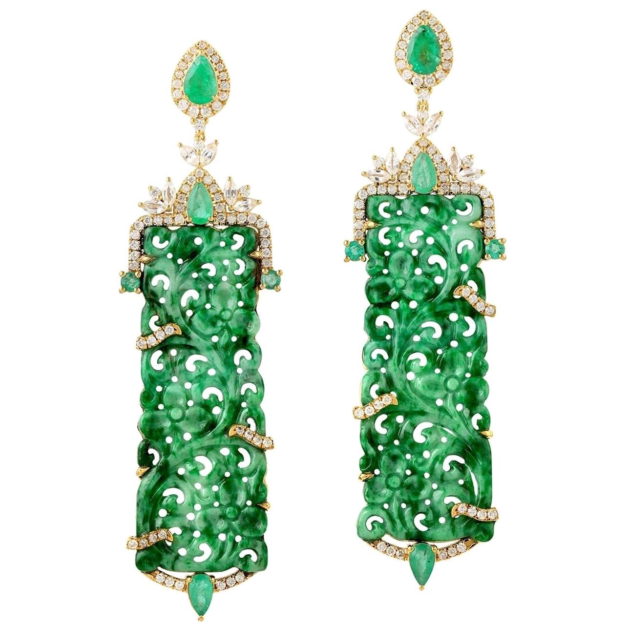 Hand Carved Jade Emerald 18 Karat Gold Diamond Earrings For Sale