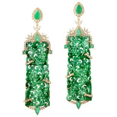 Hand Carved Jade Emerald 18 Karat Gold Diamond Earrings