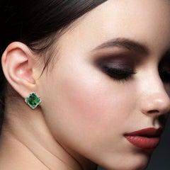 Hand Carved Jade Emerald Diamond 18 Karat Gold Stud Earrings