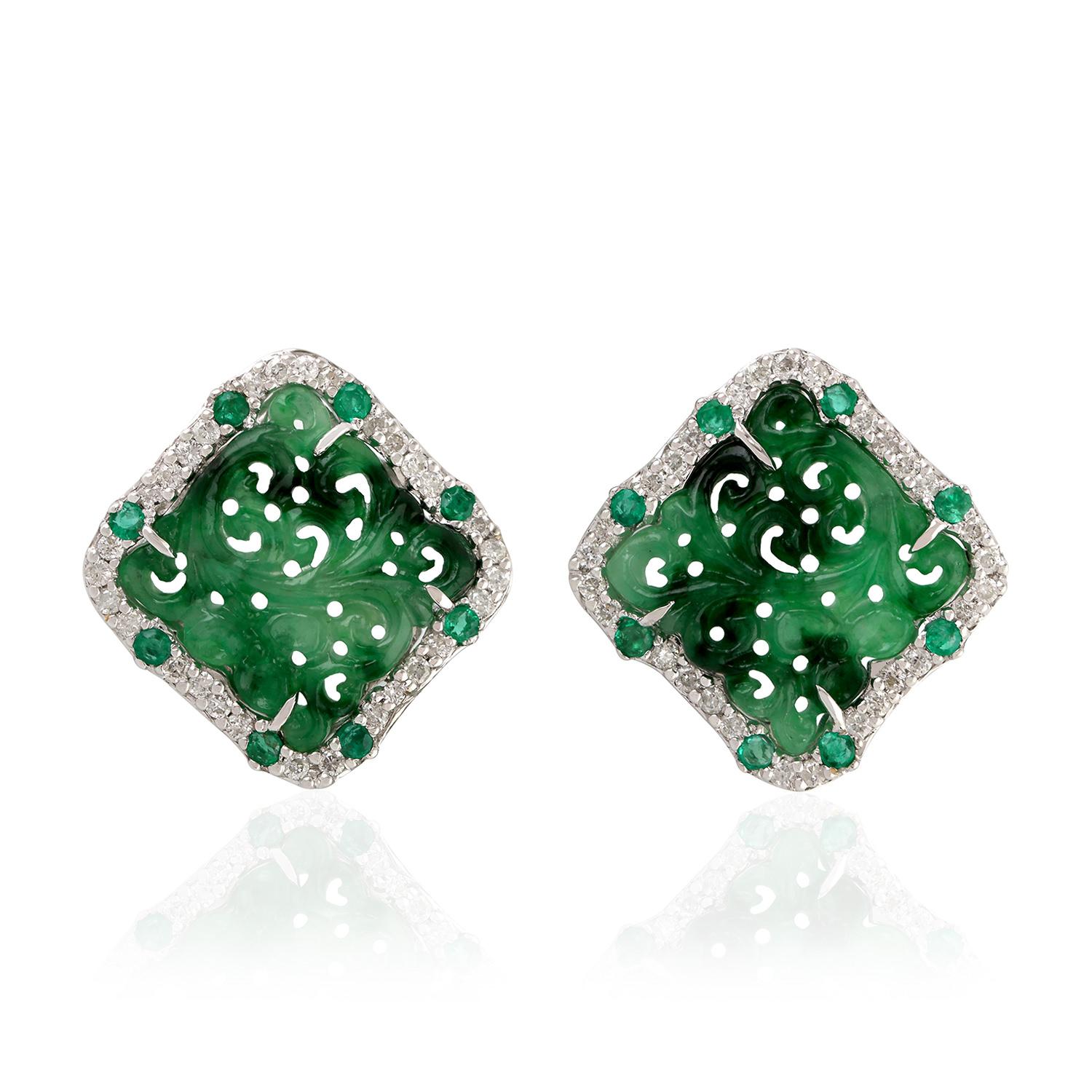 Artisan Hand Carved Jade Emerald Diamond 18 Karat Gold Stud Earrings For Sale