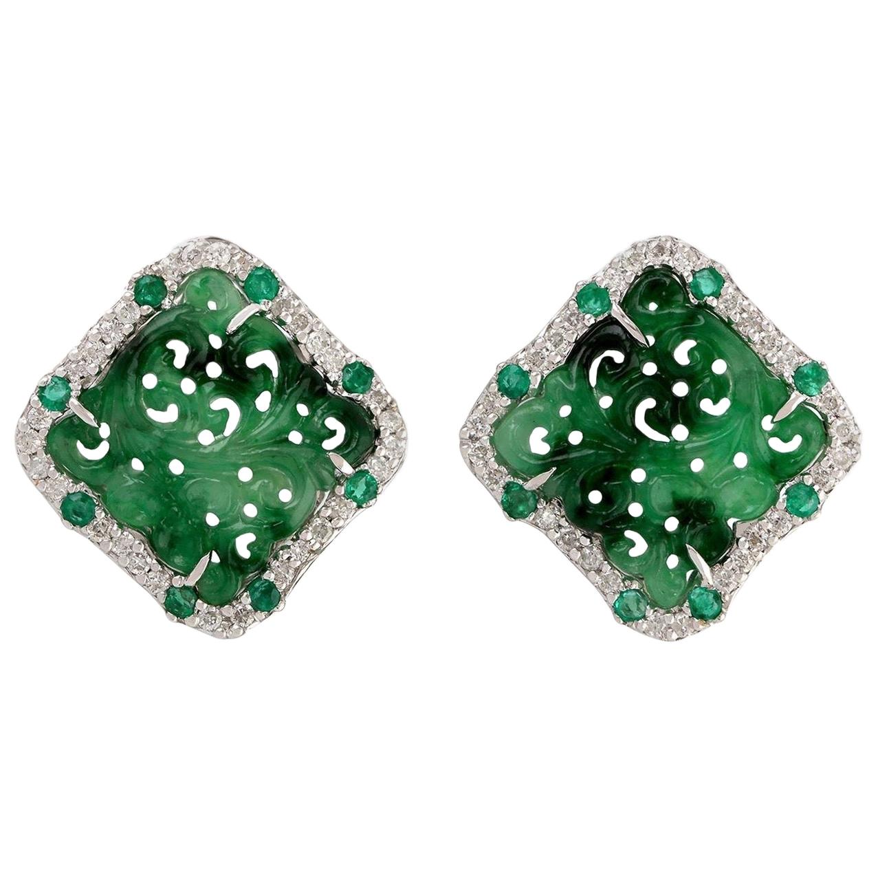Hand Carved Jade Emerald Diamond 18 Karat Gold Stud Earrings