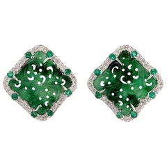 Hand Carved Jade Emerald Diamond 18 Karat Gold Stud Earrings