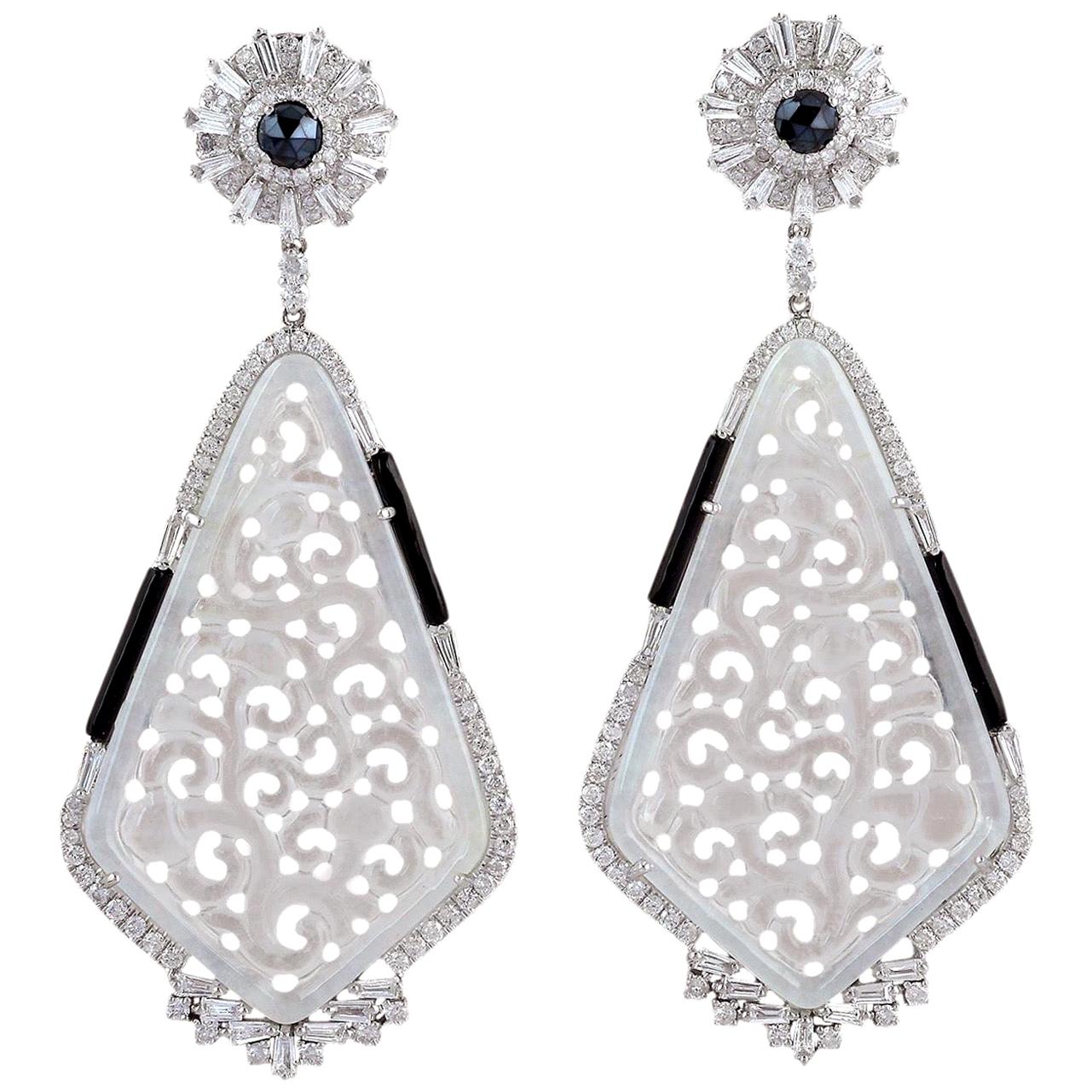 Boucles d'oreilles en or 18 carats avec diamants et onyx de jade sculpté à la main