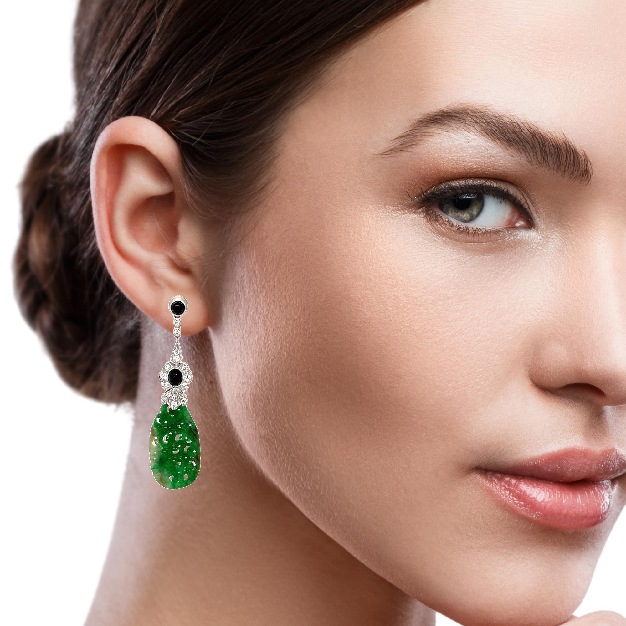 Hand Carved Jade, Onyx and Diamond Dangle Earrings in 18k White Gold For Sale 4