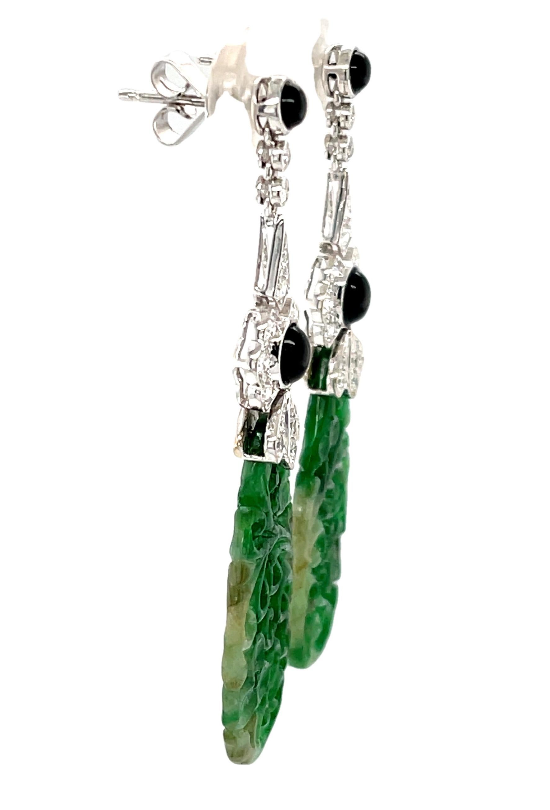 Artisan Hand Carved Jade, Onyx and Diamond Dangle Earrings in 18k White Gold For Sale
