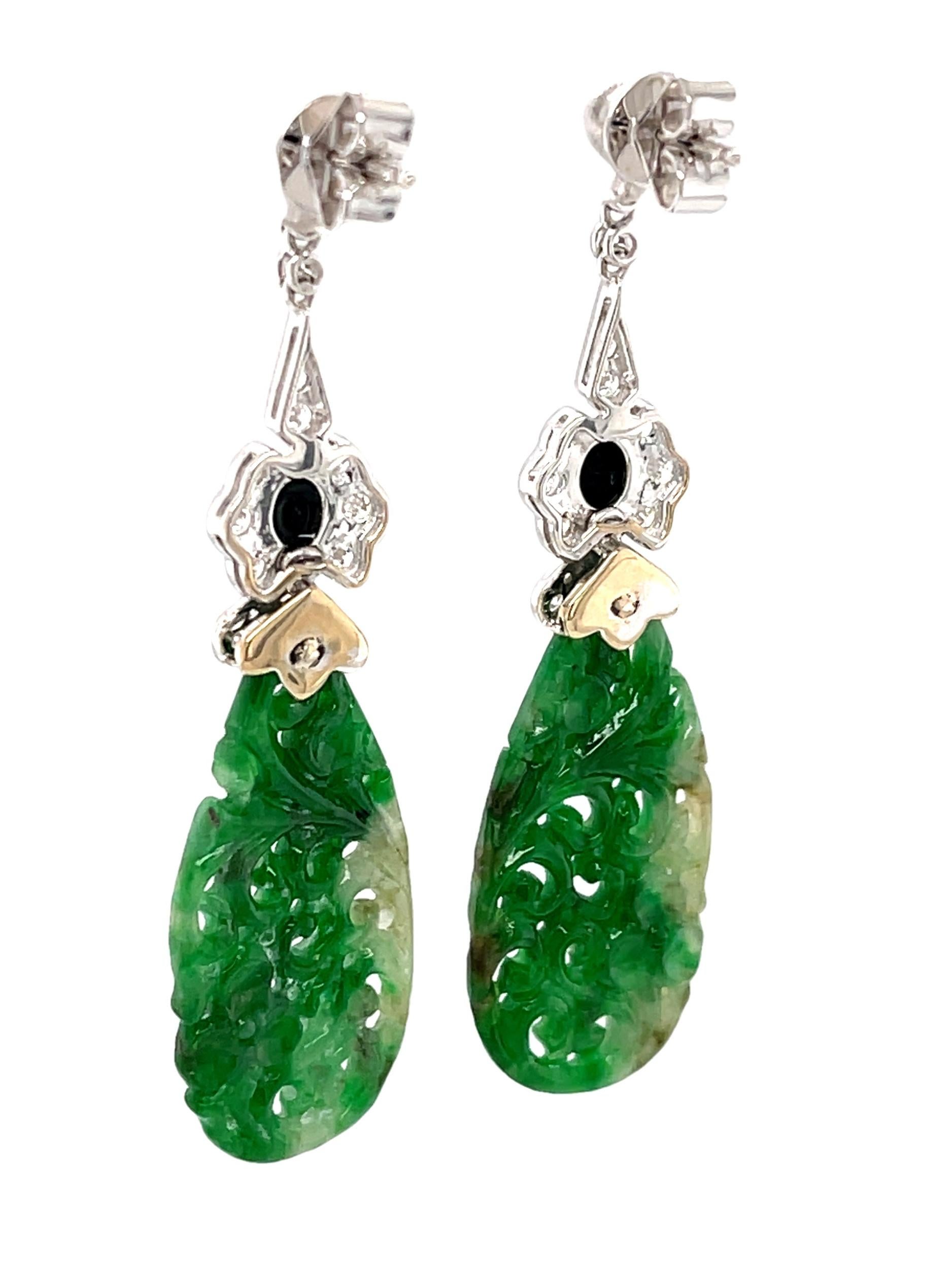 Uncut Hand Carved Jade, Onyx and Diamond Dangle Earrings in 18k White Gold For Sale