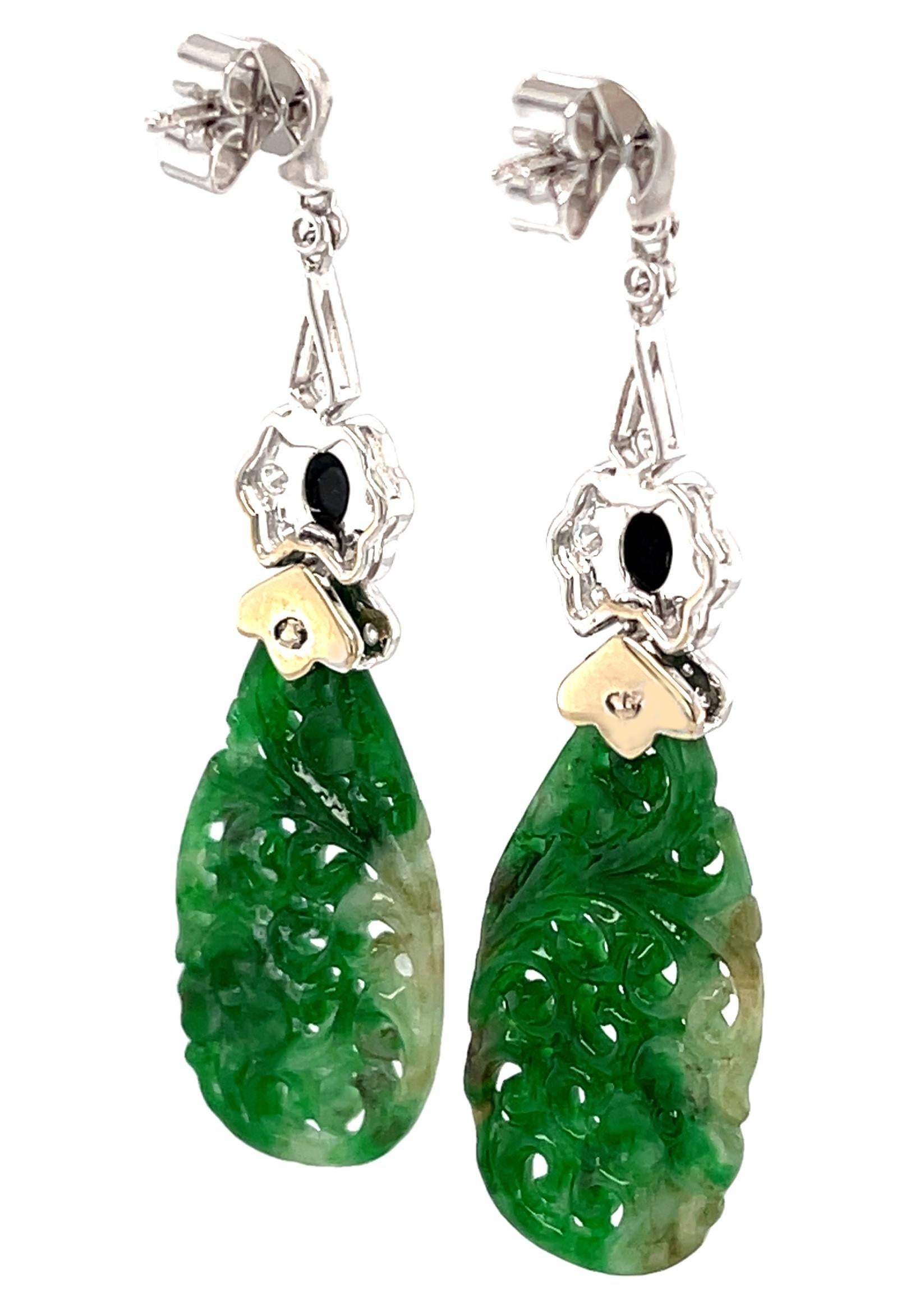 Hand Carved Jade, Onyx and Diamond Dangle Earrings in 18k White Gold In New Condition For Sale In Los Angeles, CA
