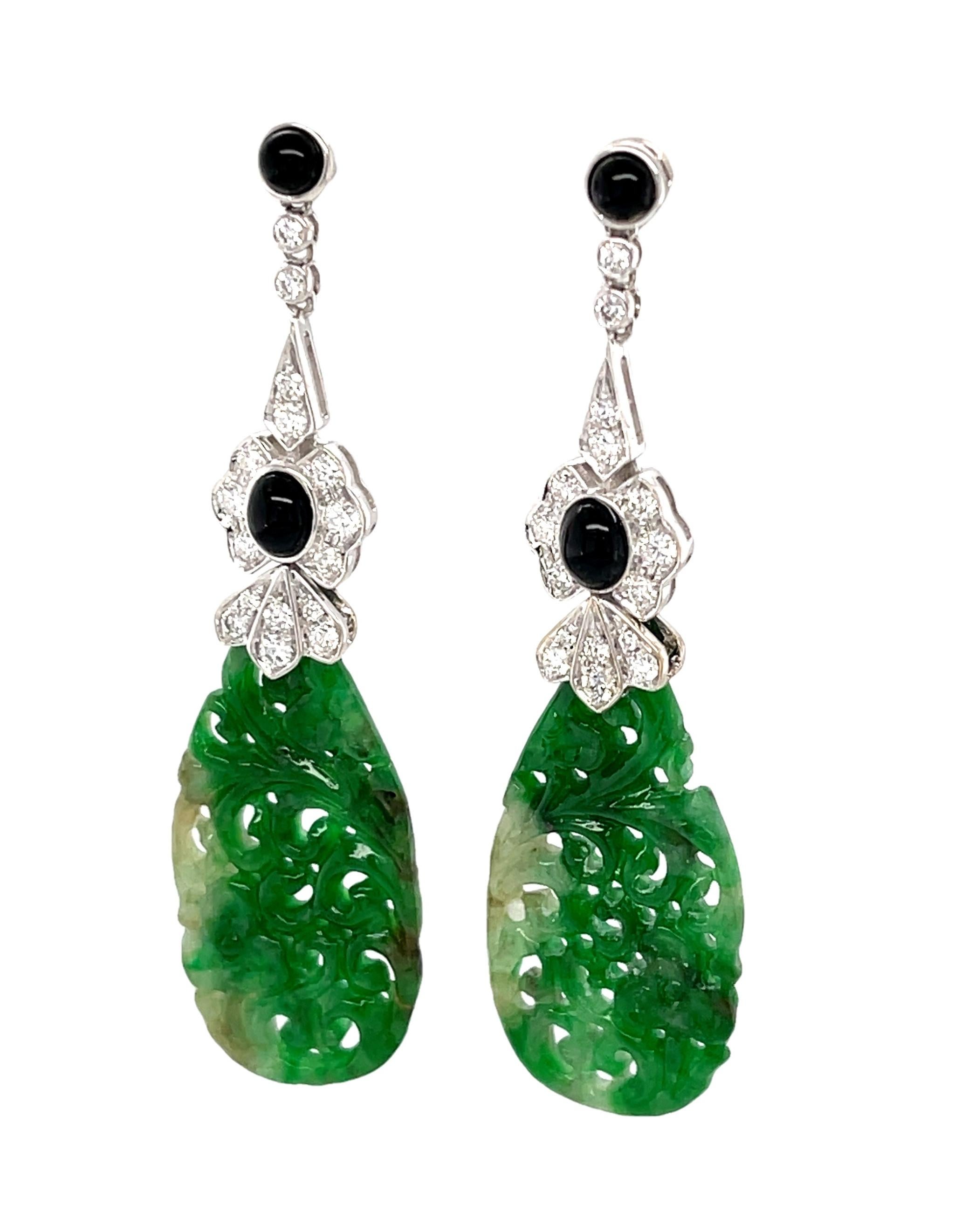 Women's or Men's Hand Carved Jade, Onyx and Diamond Dangle Earrings in 18k White Gold For Sale
