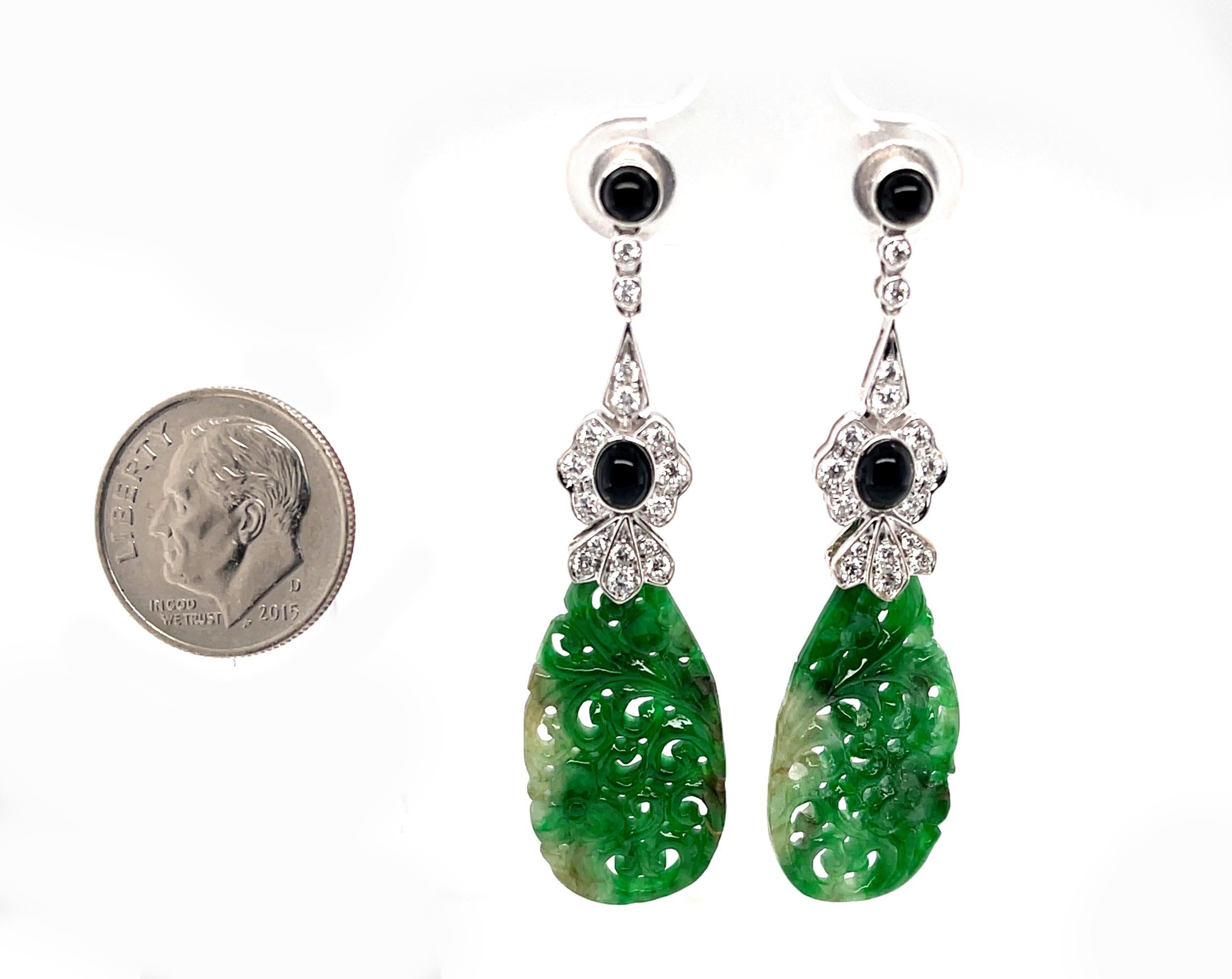 Hand Carved Jade, Onyx and Diamond Dangle Earrings in 18k White Gold For Sale 1