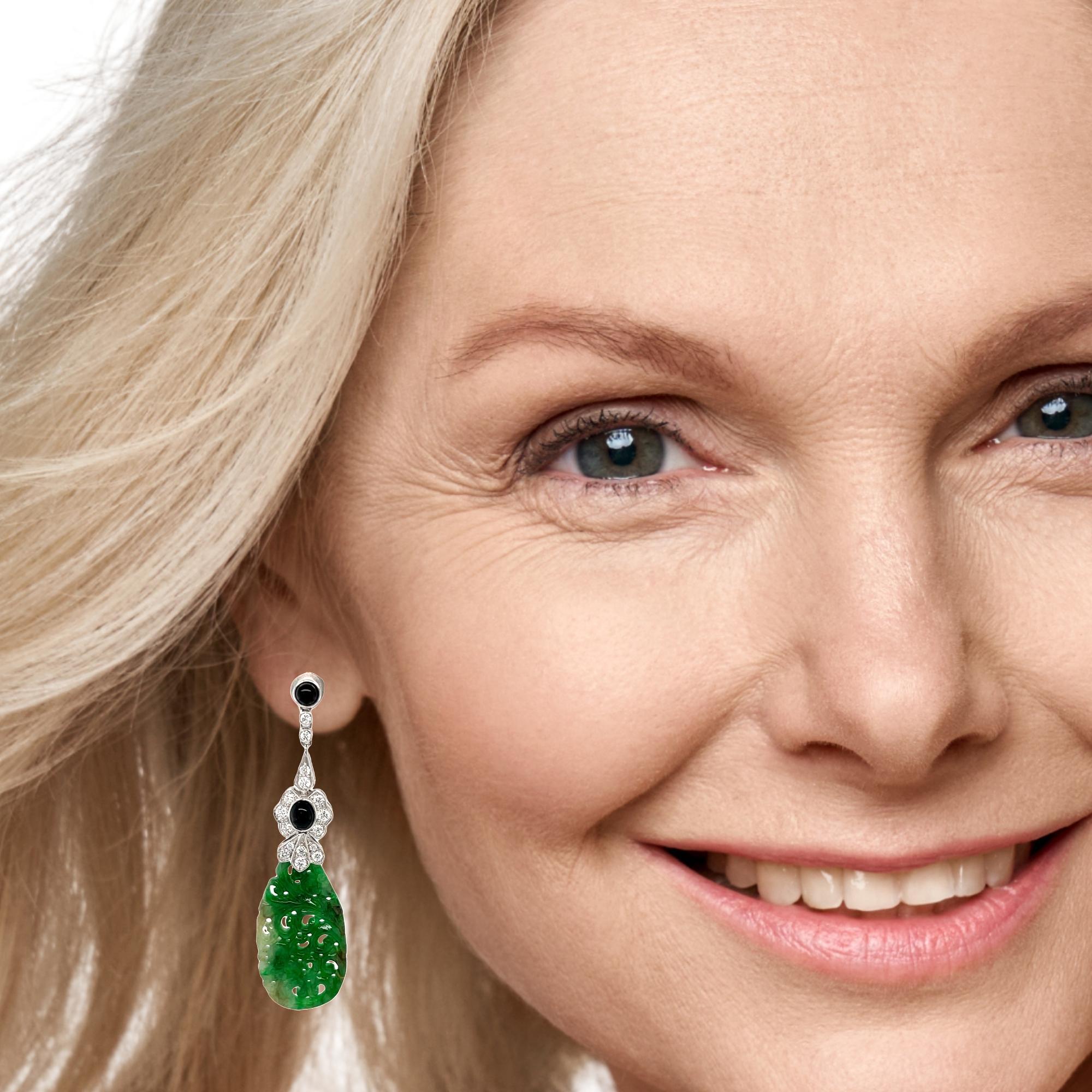 Hand Carved Jade, Onyx and Diamond Dangle Earrings in 18k White Gold For Sale 3