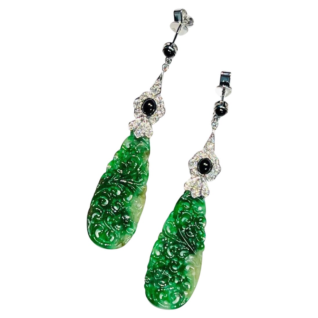 Hand Carved Jade, Onyx and Diamond Dangle Earrings in 18k White Gold For Sale