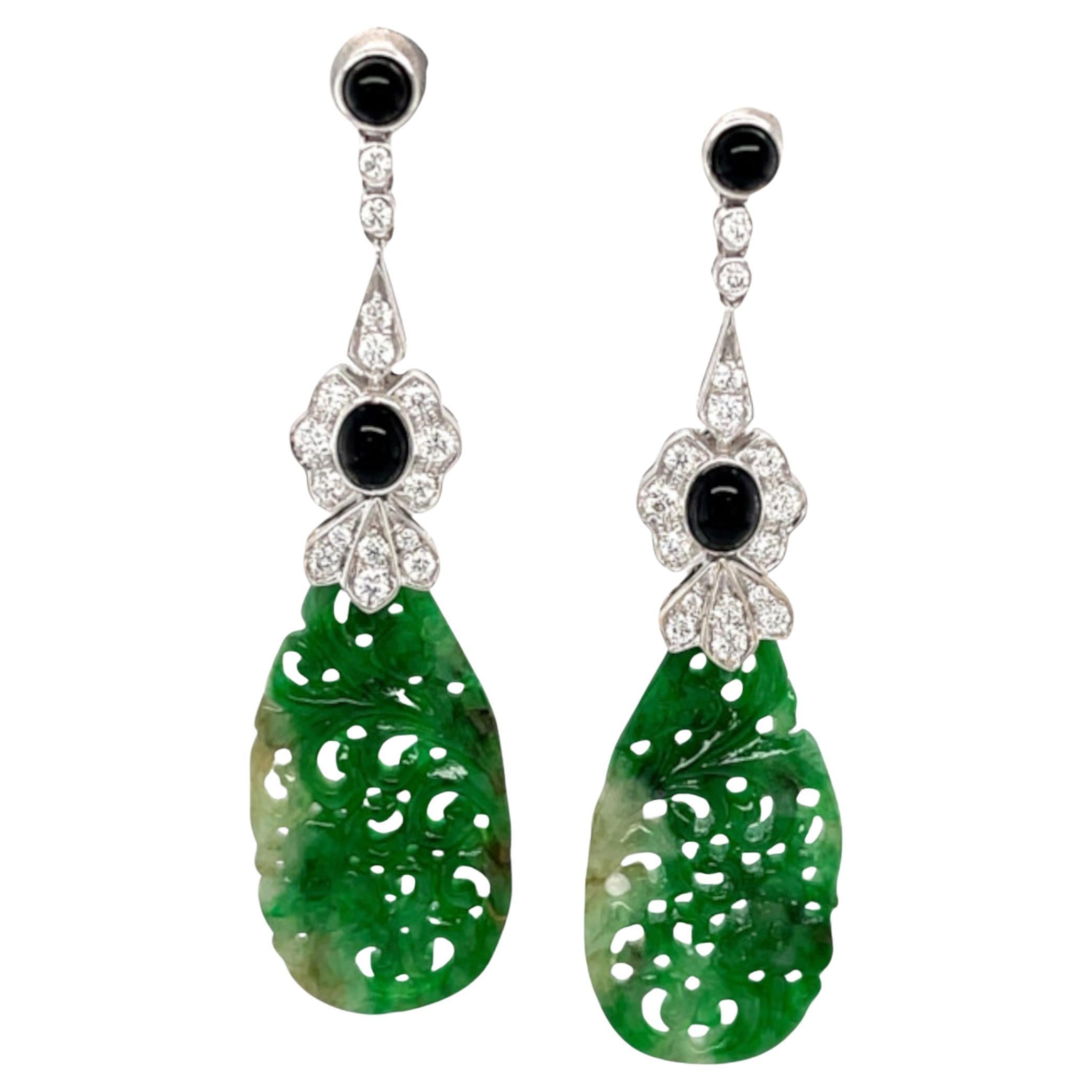 Hand Carved Jade, Onyx and Diamond Dangle Earrings in 18k White Gold