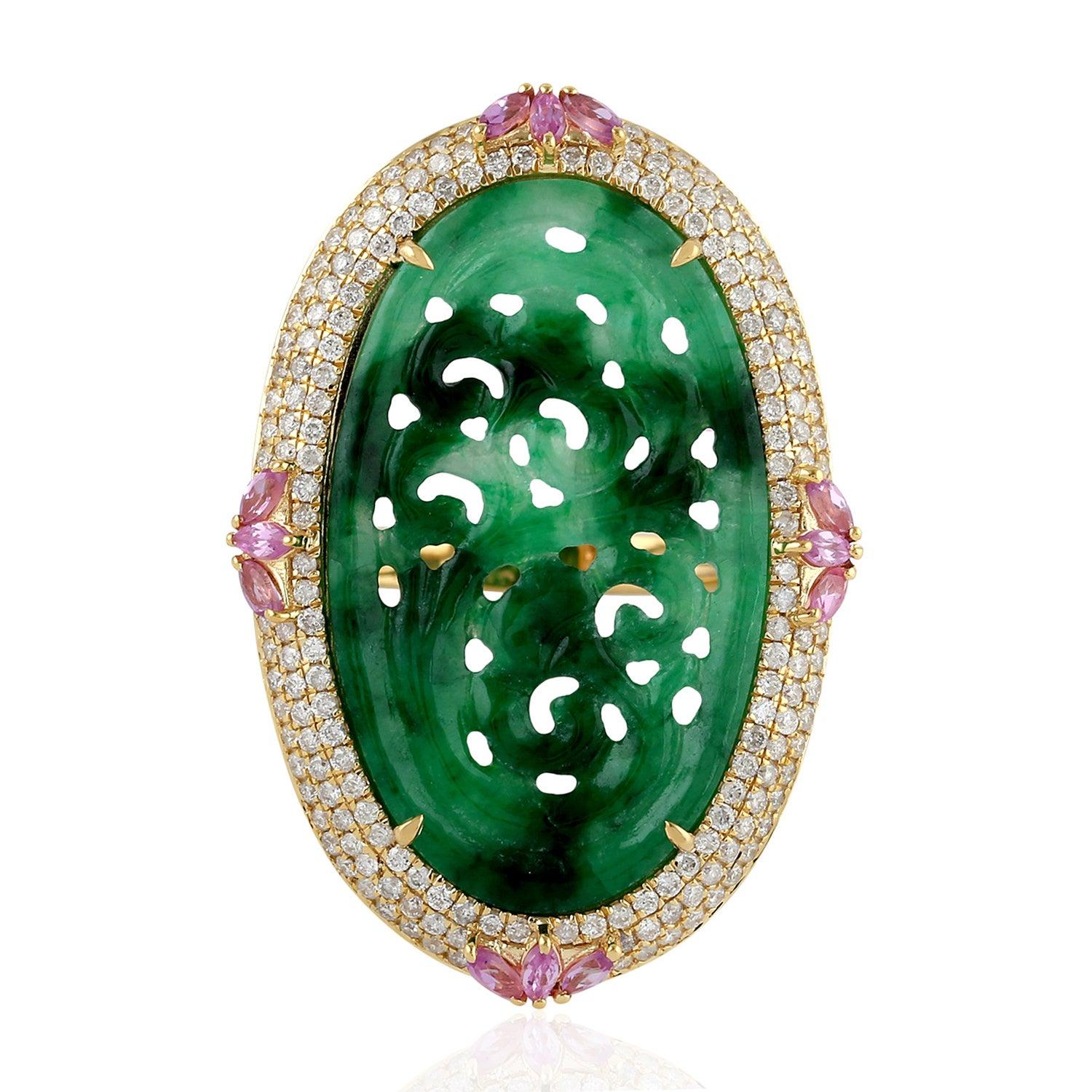 For Sale:  Hand Carved Jade Pink Sapphire 18 Karat Gold Diamond Ring 3