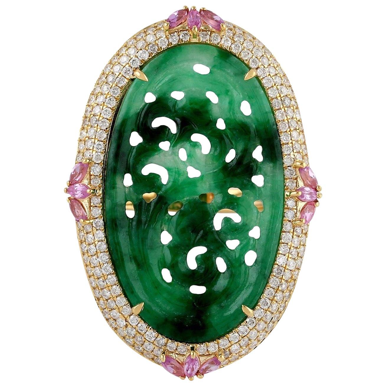For Sale:  Hand Carved Jade Pink Sapphire 18 Karat Gold Diamond Ring