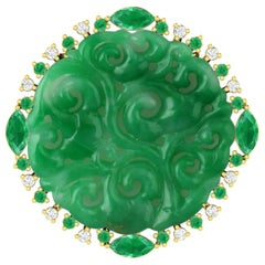Hand Carved Jade Ring with Diamonds in 18 Karat Yellow Gold