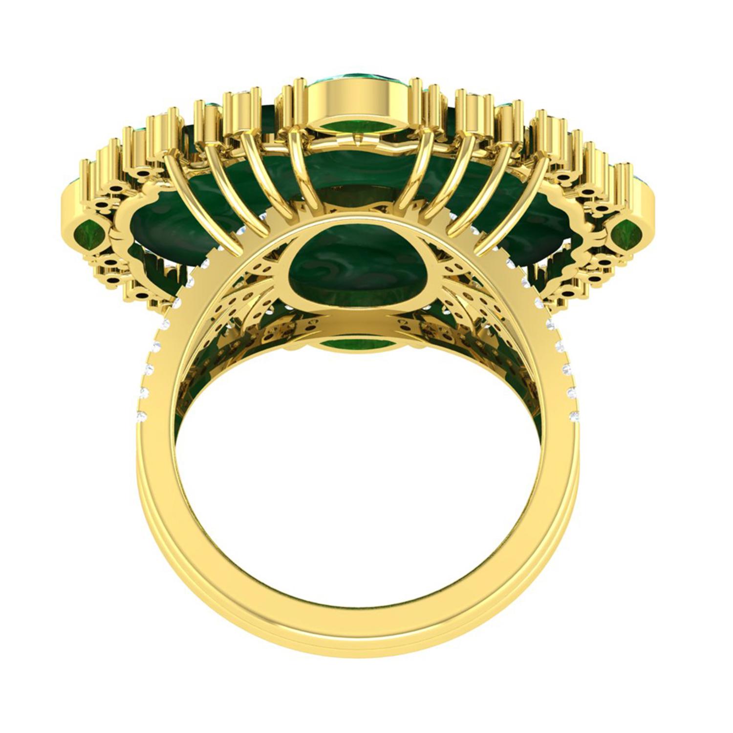 Beautiful looking this hand carved Jade ring with Diamonds in 18K Yellow gold is lovely cocktail ring for spring and summer.

Ring size: 7 ( can be sized for a cost )

18K Gold: 6.57gms
Diamond: .56cts
Jade: 9.00cts
Emerald: .75cts


