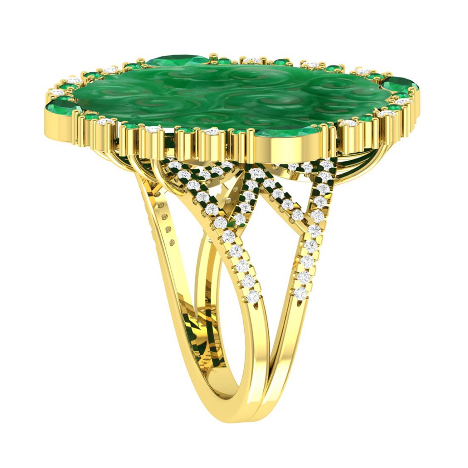 Modern Hand Carved Jade Ring with Diamonds in 18 Karat Yellow Gold