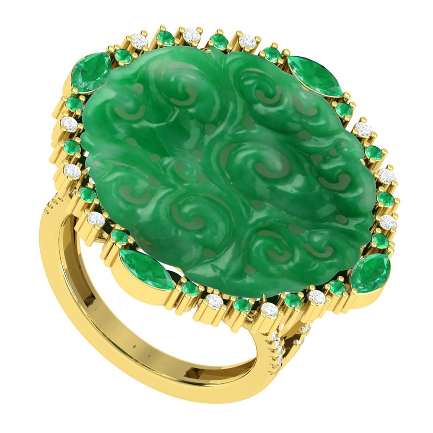 Brilliant Cut Hand Carved Jade Ring with Diamonds in 18 Karat Yellow Gold