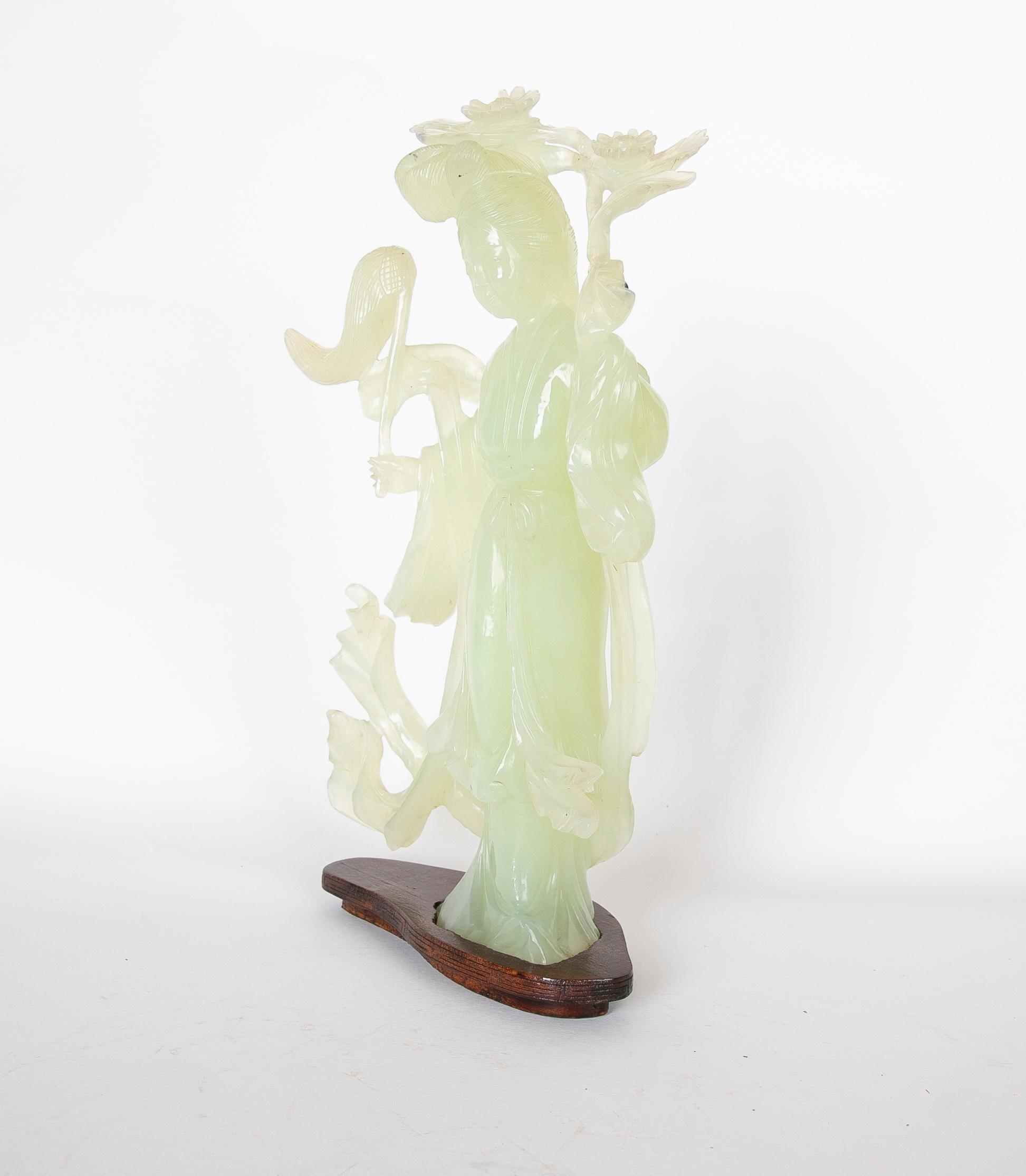 Asian Hand-Carved Jadeite Figurine of an Oriental Woman on a Wooden Base For Sale