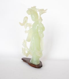 Hand-Carved Jadeite Figurine of an Oriental Woman on a Wooden Base