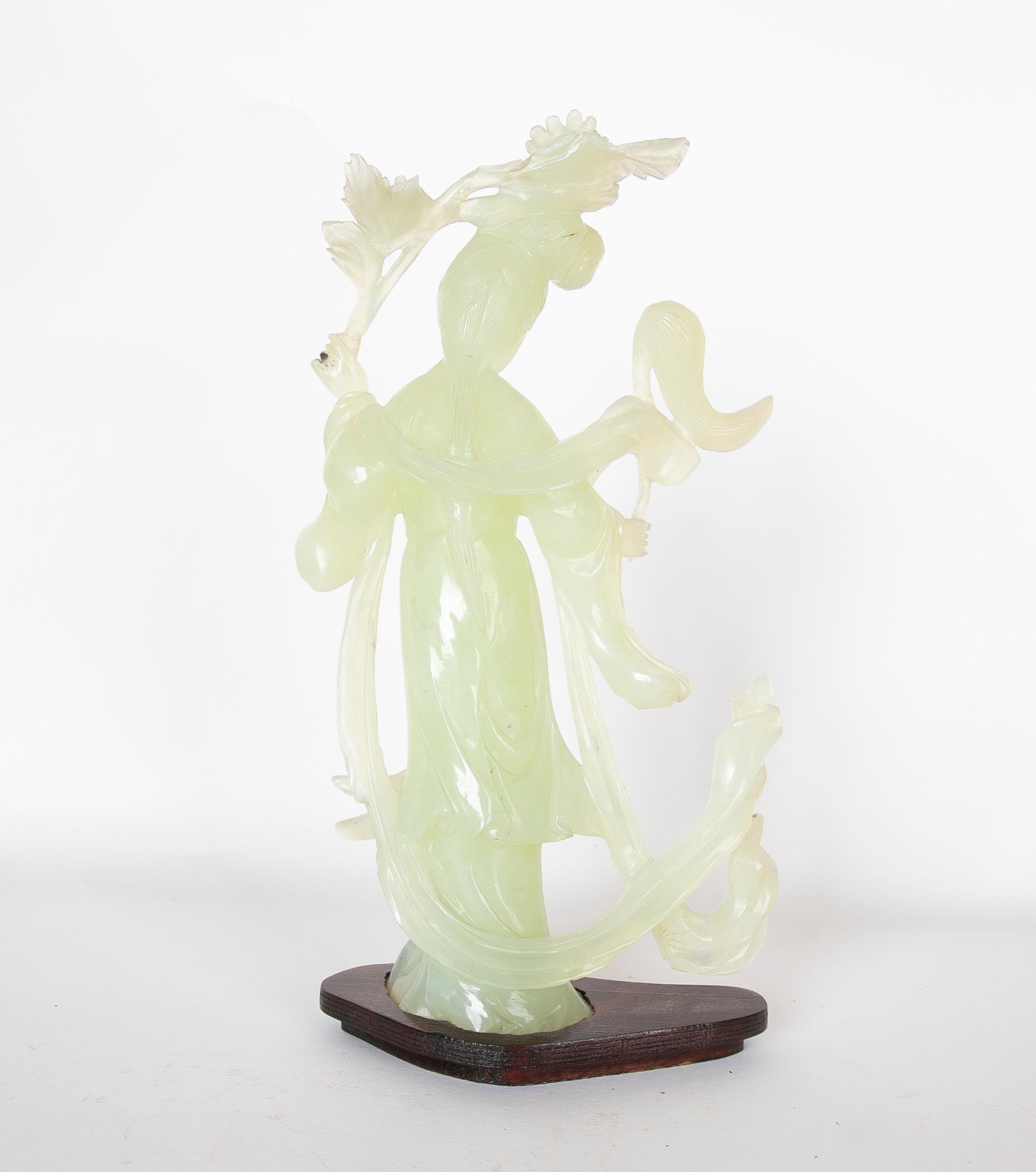 20th Century Hand-Carved Jadeite Figurine of an Oriental Woman on a Wooden Base For Sale