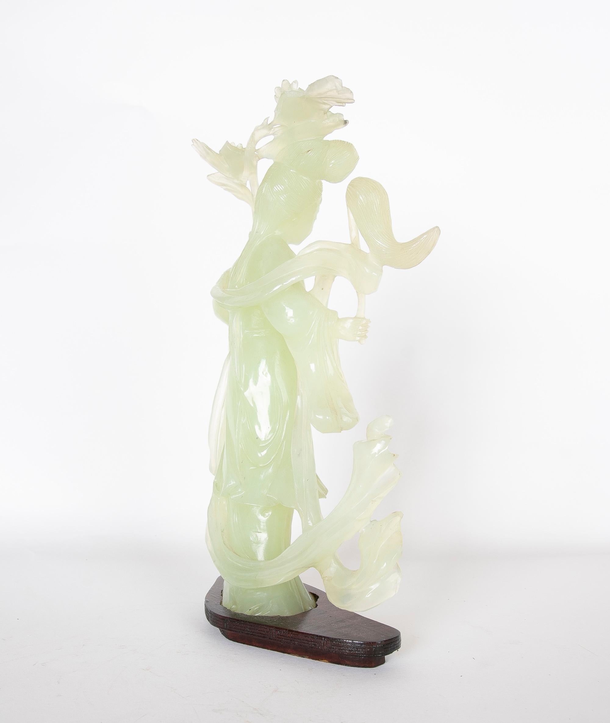 Stone Hand-Carved Jadeite Figurine of an Oriental Woman on a Wooden Base For Sale