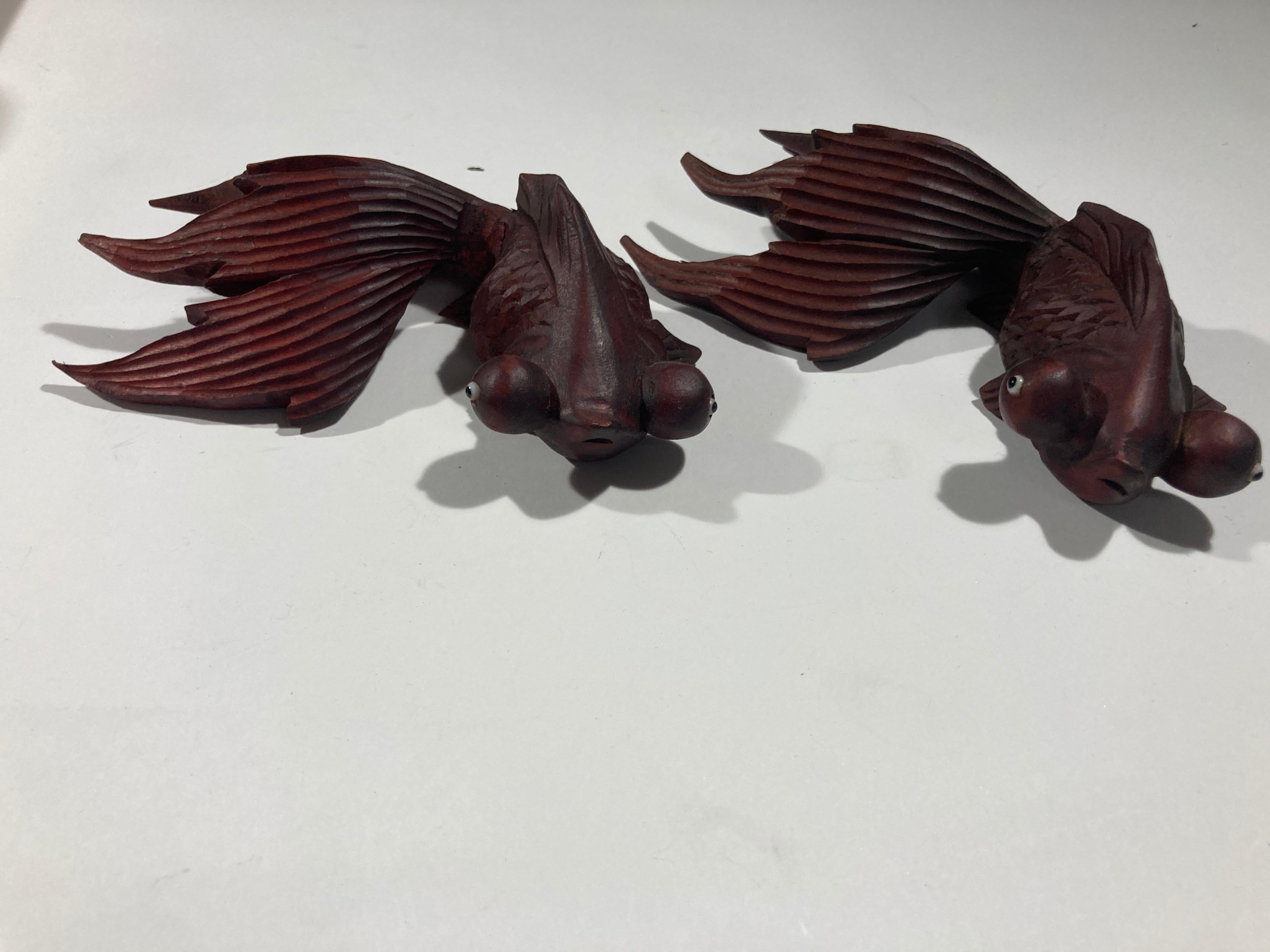 Hand-Carved Hand Carved Japanese Rosewood Koi Fish Sculptures