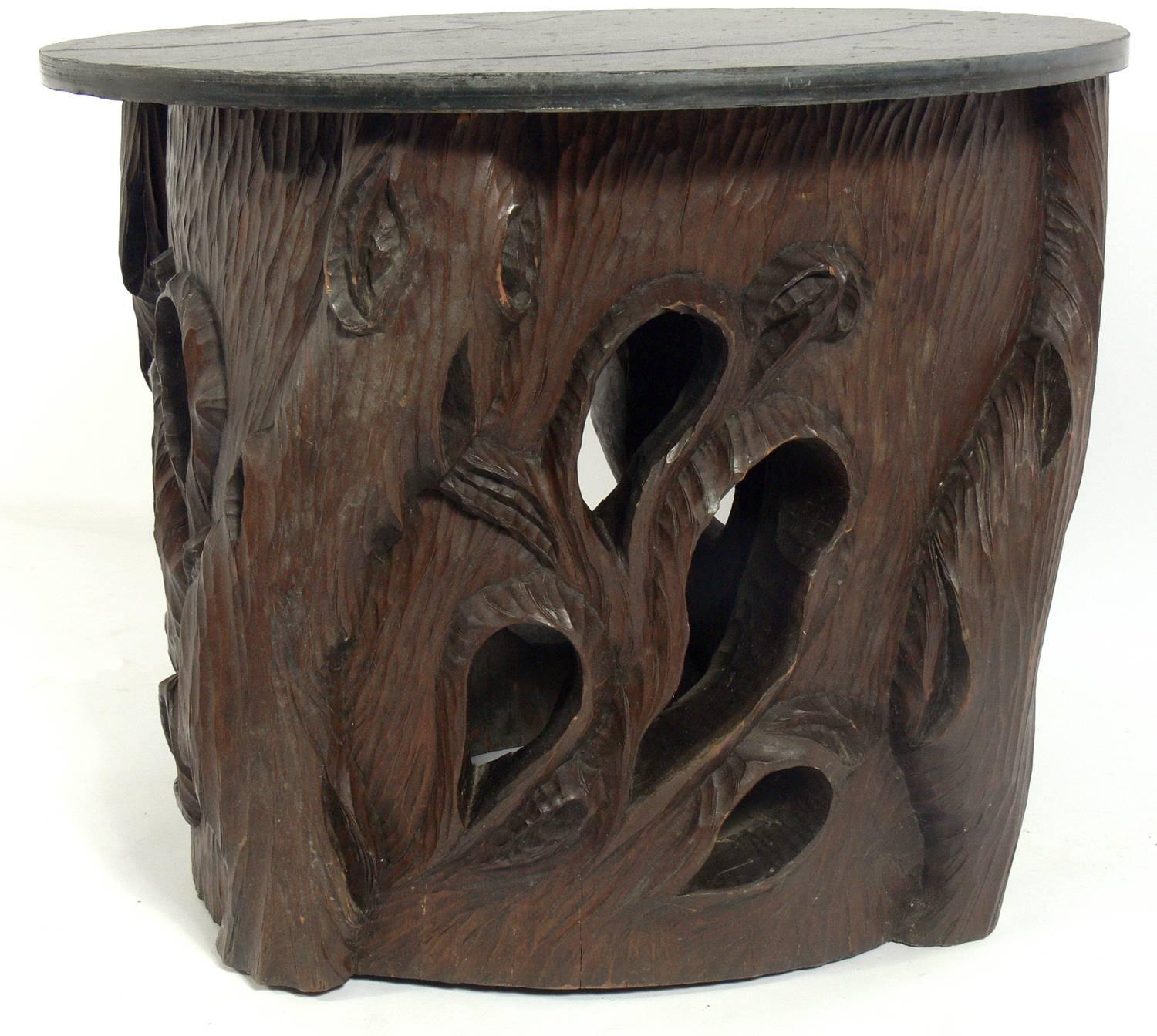 Mid-Century Modern Hand-Carved Japanese Stump Table with Slate Top For Sale