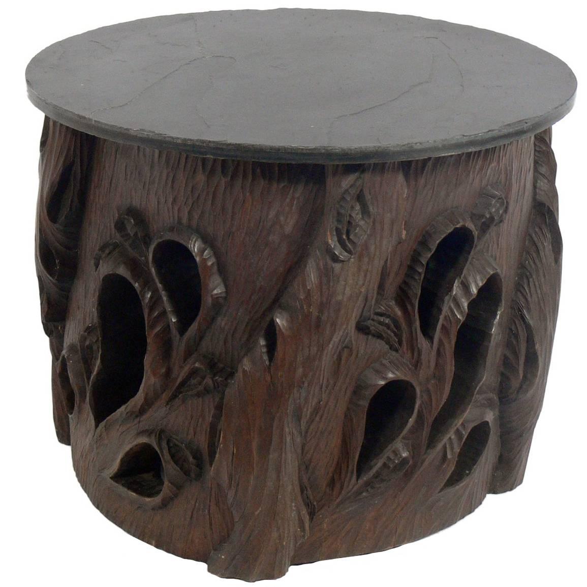 Hand-Carved Japanese Stump Table with Slate Top