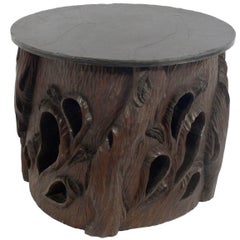 Vintage Hand-Carved Japanese Stump Table with Slate Top