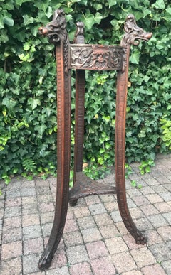Hand-Carved Jardinière Plant Stand W. Green Men, Griffins & Dog Head Sculpture