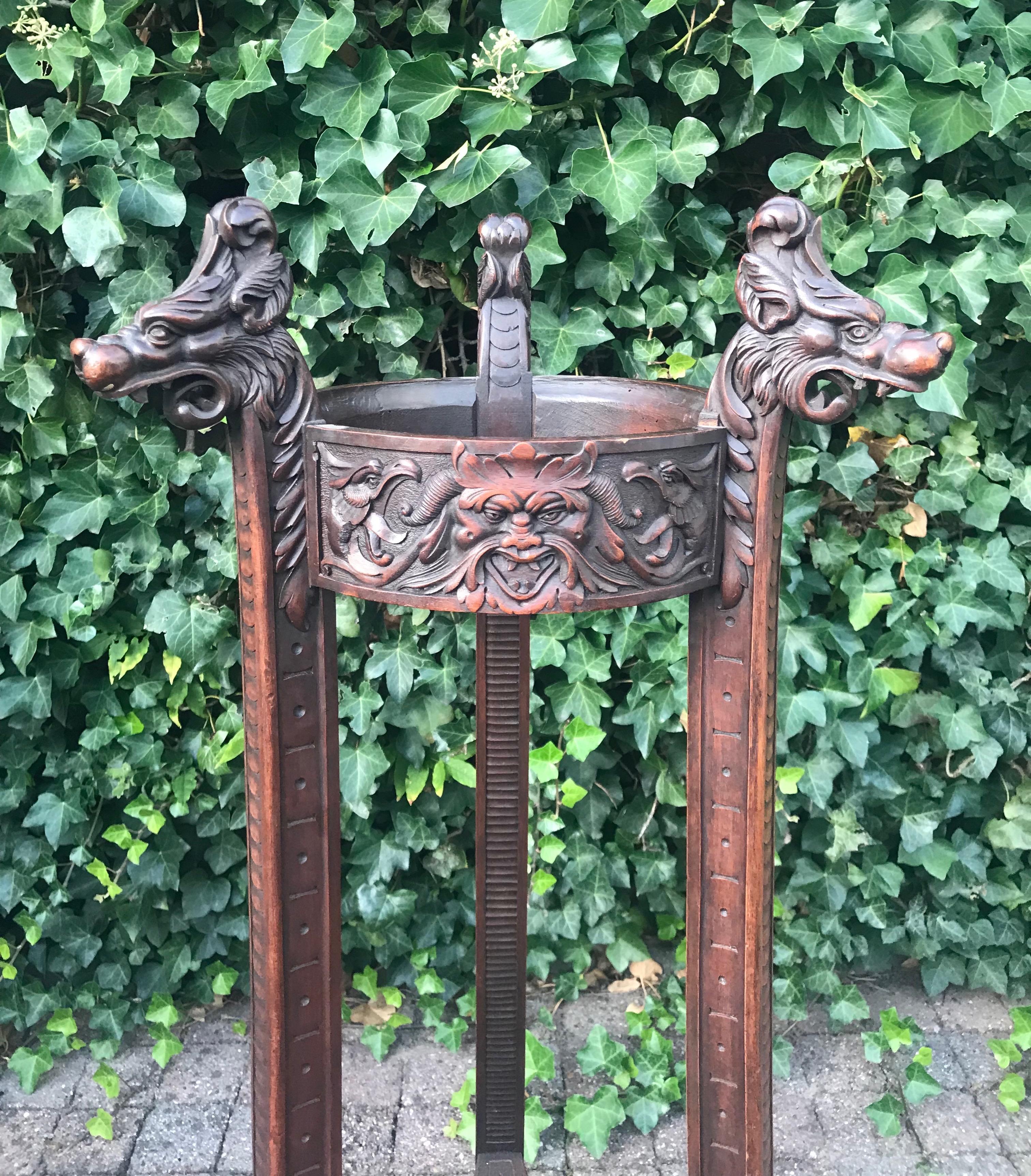 Wood Hand-Carved Jardinière Plant Stand W. Green Men, Griffins & Dog Head Sculpture