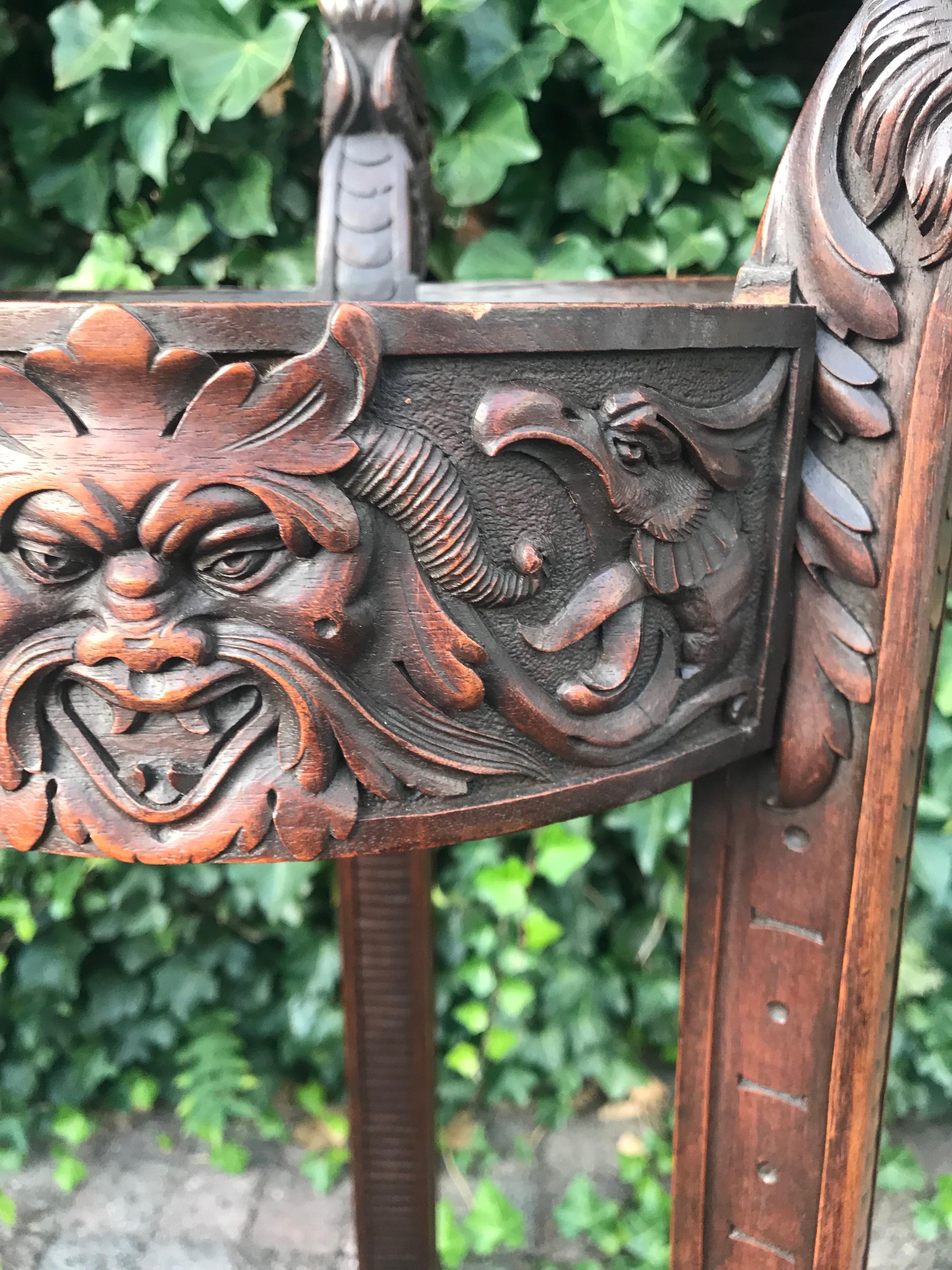 Hand-Carved Jardinière Plant Stand W. Green Men, Griffins & Dog Head Sculpture 1