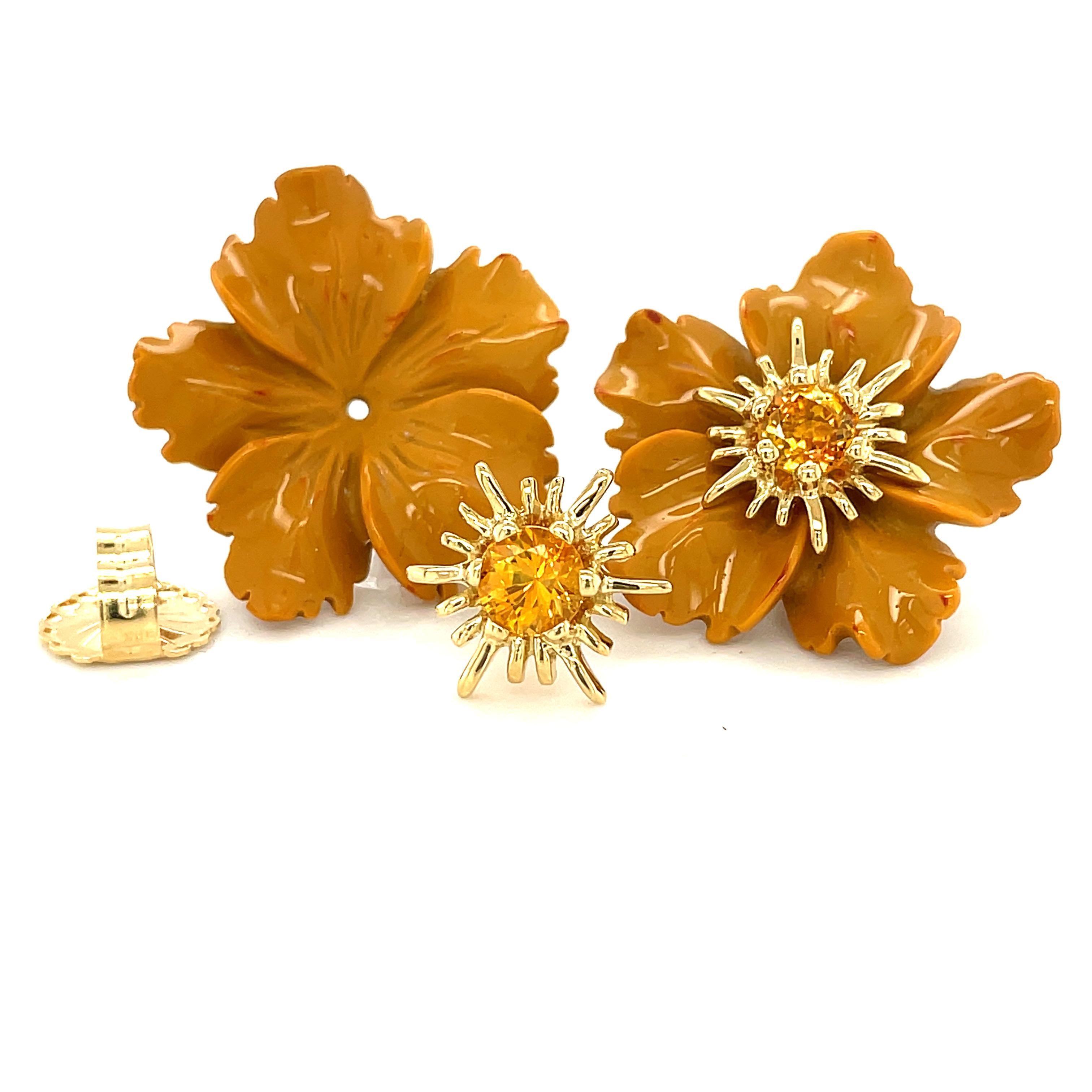 Carved Jasper Flower Earring Jacket with Yellow Sapphire and Gold Stamen Posts For Sale 5