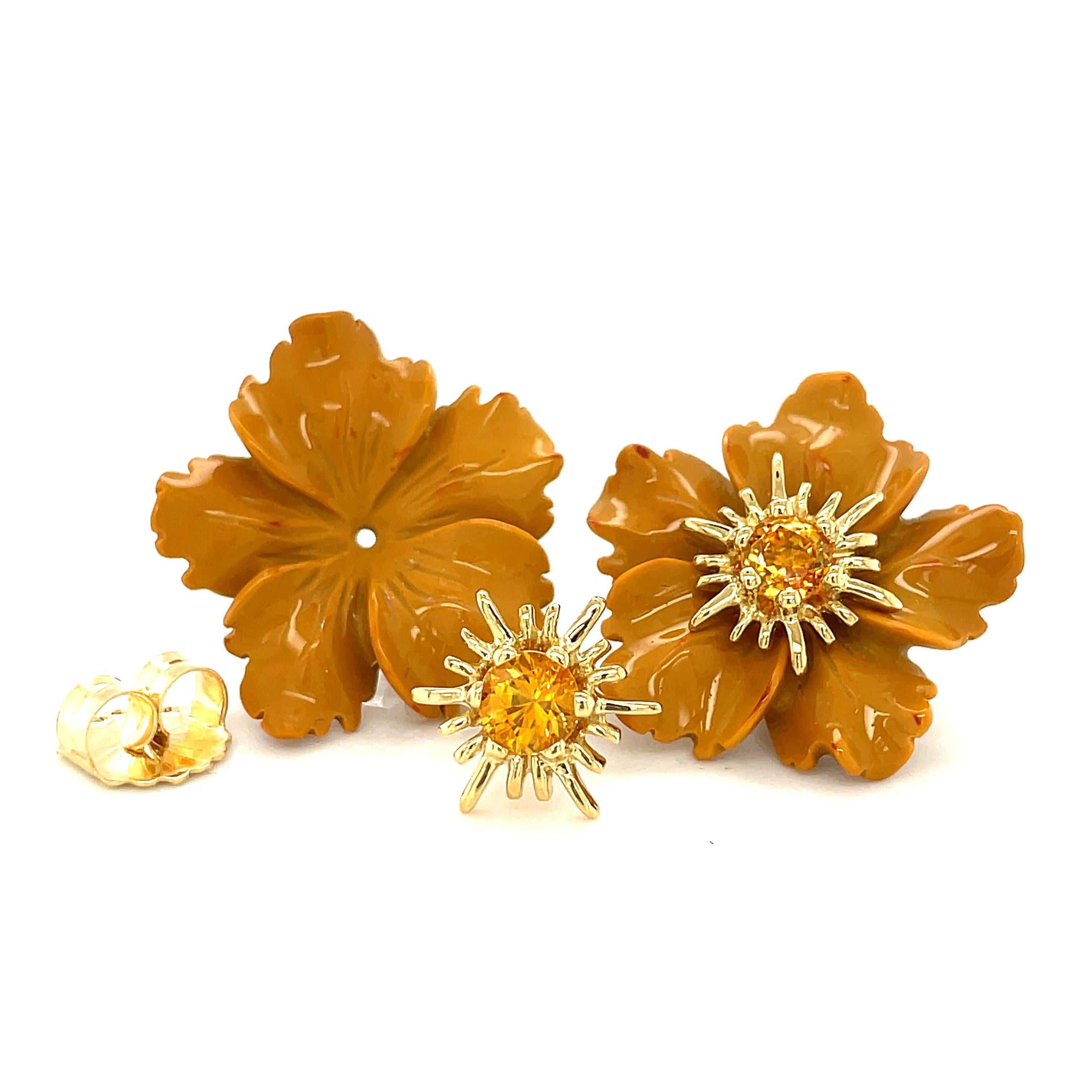 Carved Jasper Flower Earring Jacket with Yellow Sapphire and Gold Stamen Posts For Sale 6