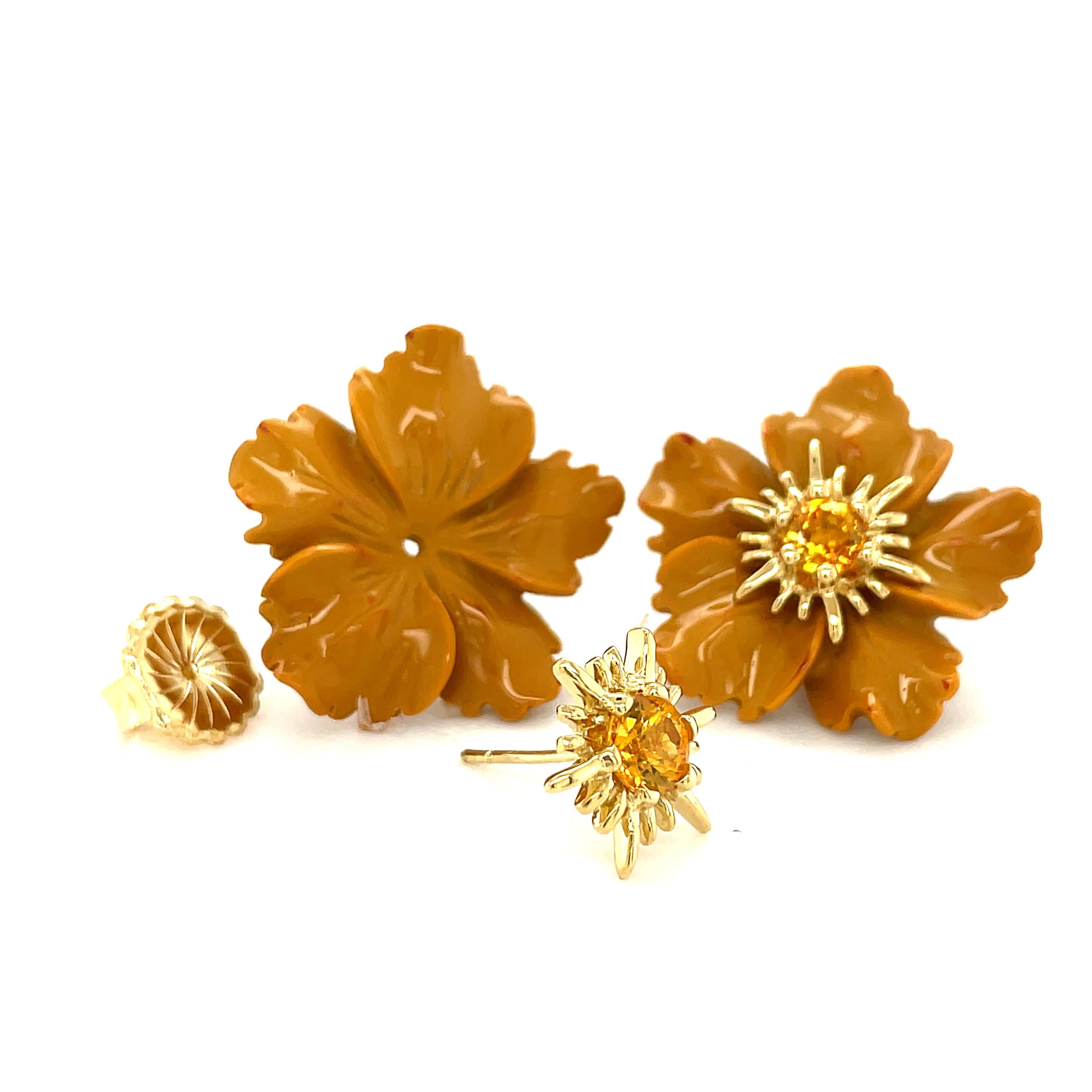 Carved Jasper Flower Earring Jacket with Yellow Sapphire and Gold Stamen Posts For Sale 7