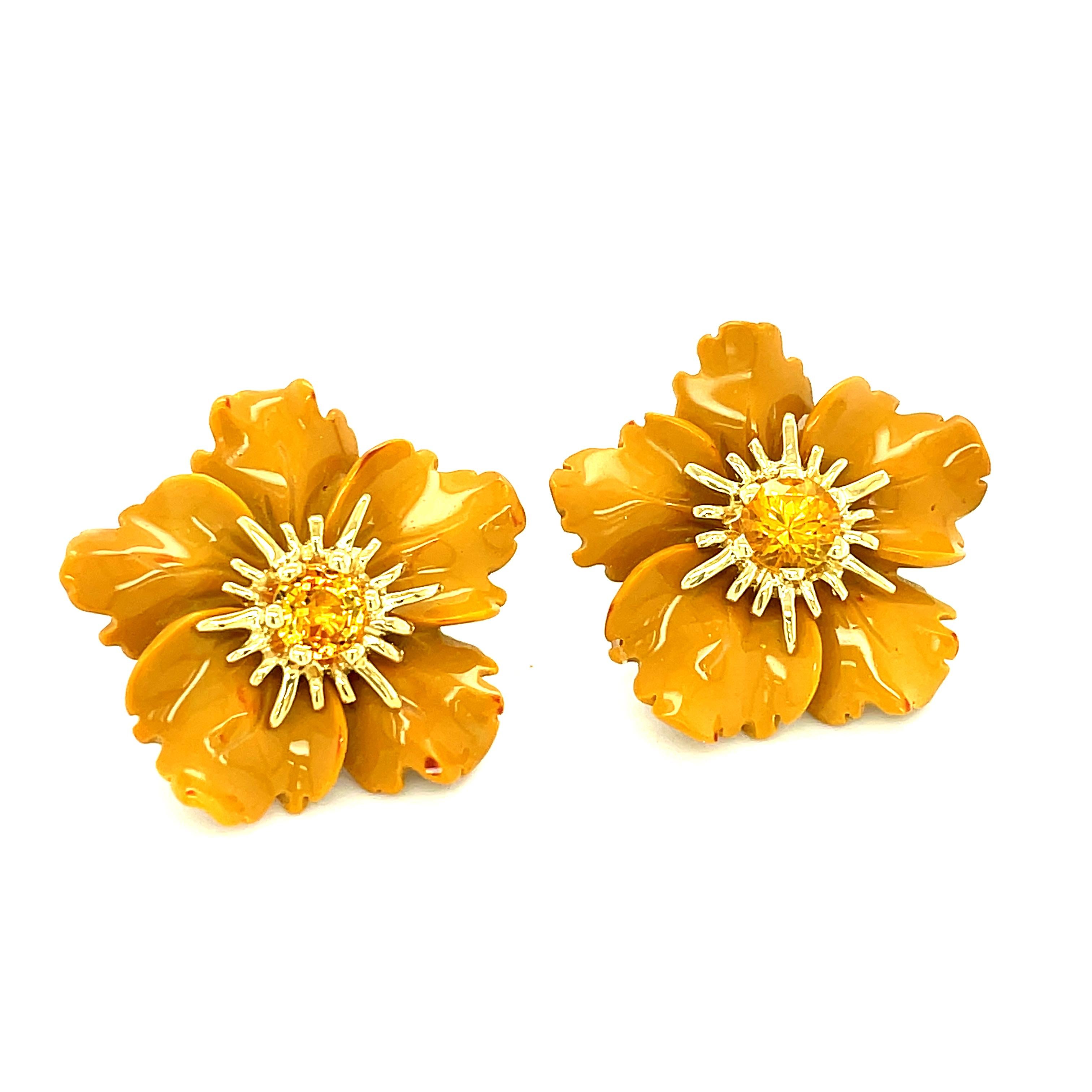 These finely hand-carved jasper earring jackets are the perfect neutral color to coordinate with most any clothing. The large, 3-dimensional flowers were intricately carved from golden jasper and look stunning paired with our 18k yellow gold post