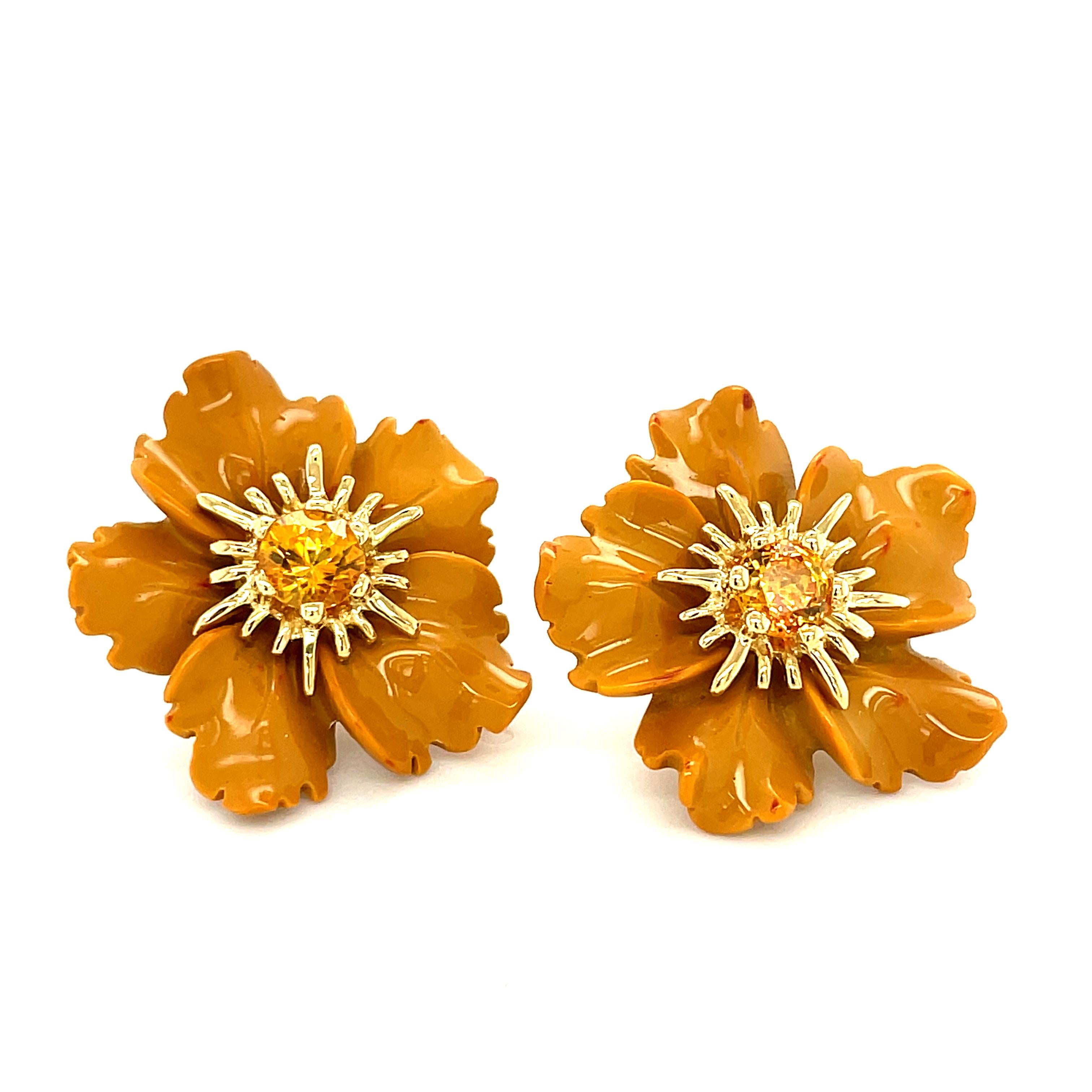 Brilliant Cut Carved Jasper Flower Earring Jacket with Yellow Sapphire and Gold Stamen Posts For Sale