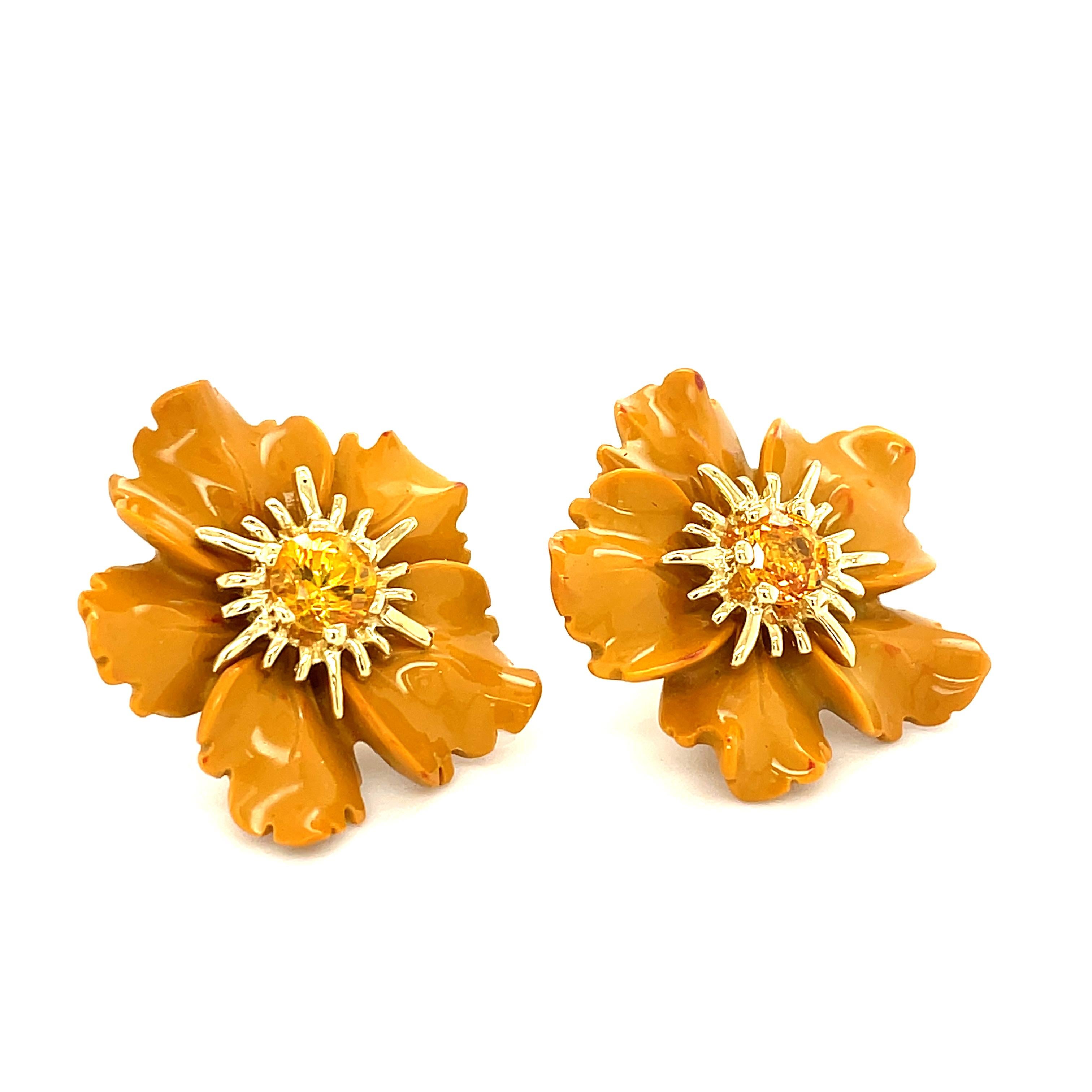 Men's Carved Jasper Flower Earring Jacket with Yellow Sapphire and Gold Stamen Posts For Sale