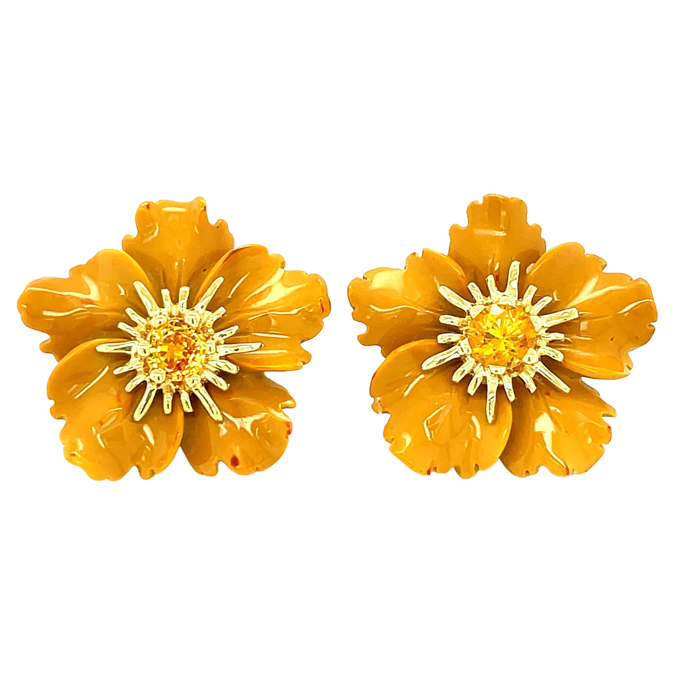 Hand Carved Jasper Flower Earring 18K Yellow Gold & Sapphire Stamen Posts