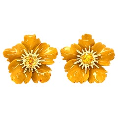 Hand Carved Jasper Flower Earring 18K Yellow Gold & Sapphire Stamen Posts