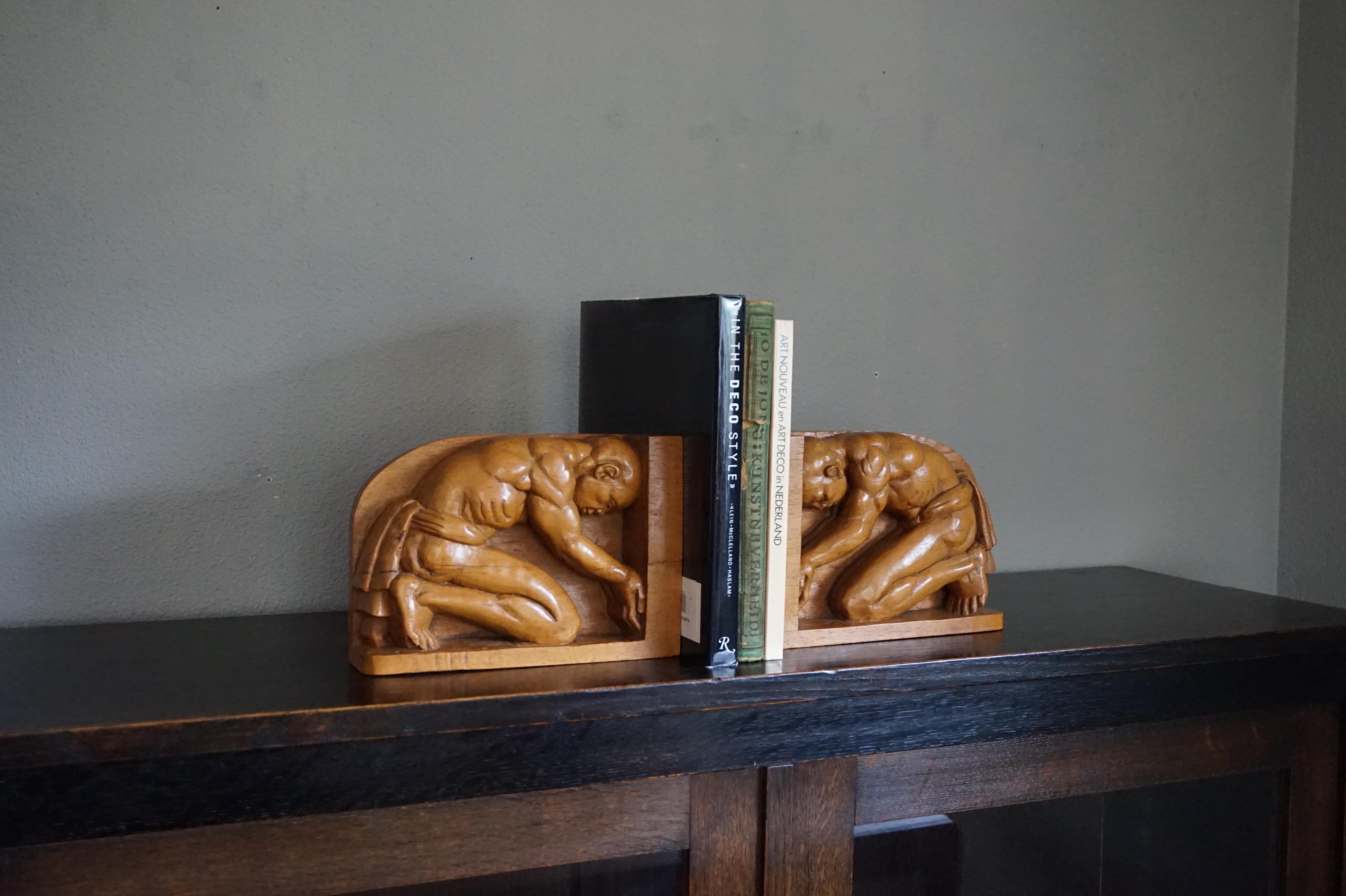Hardwood Hand-Carved Jati Wood Arts & Crafts Bookends with Indigenous Male Sculptures For Sale